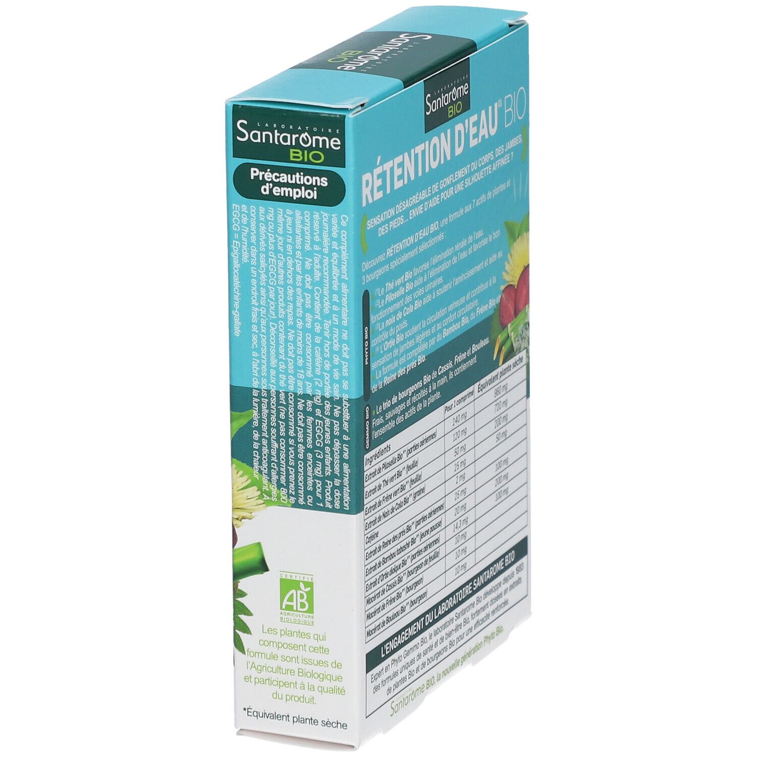 SANTAROME Bio-Schachtel, schräg. Aufschrift: RÉTENTION D'EAU BIO. Text über Anwendung und Inhaltsstoffe. AB-Siegel.