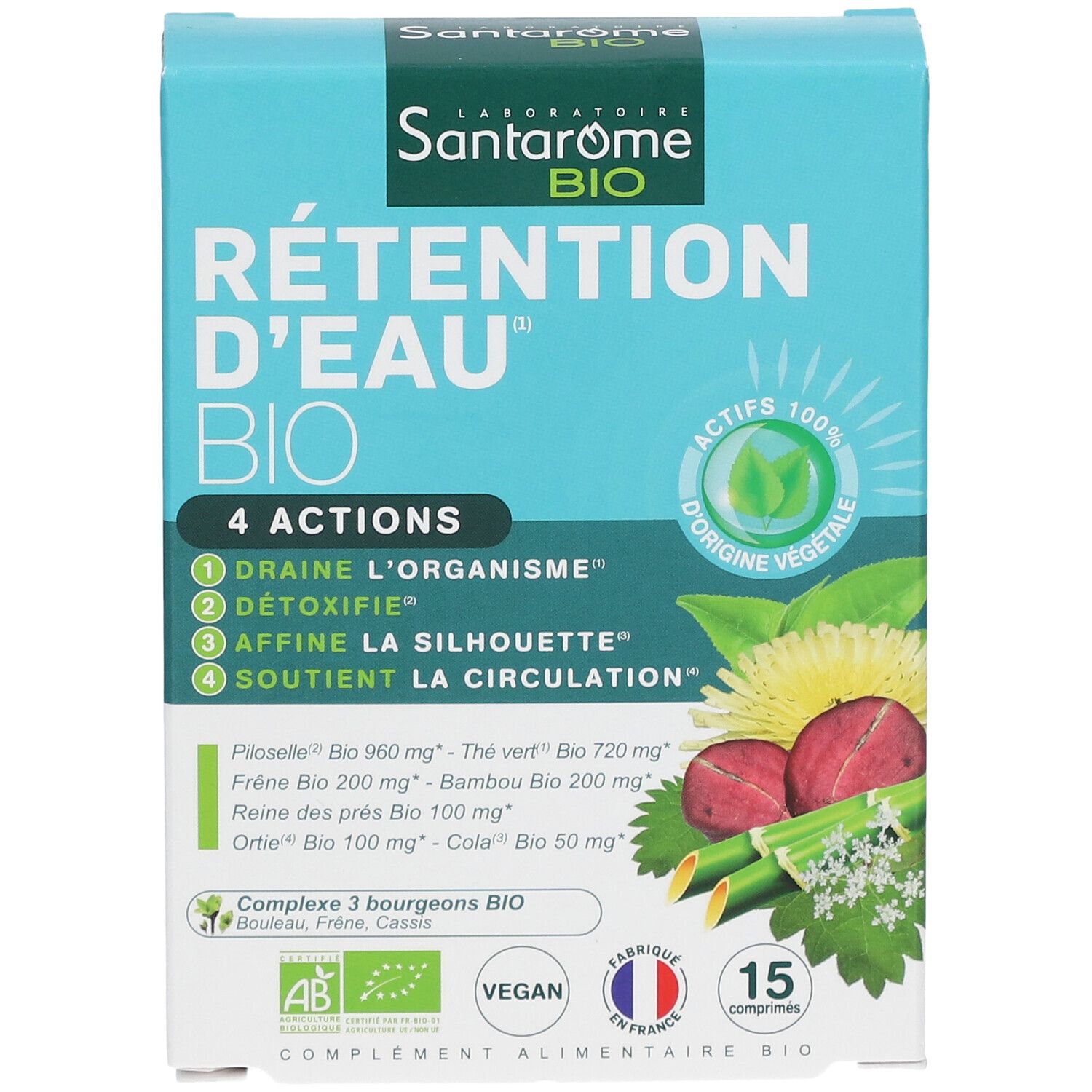 SANTAROME Bio-Schachtel. Aufschrift: RÉTENTION D'EAU BIO. 4 Aktionen. 15 Tabletten. AB-Siegel, Vegan-Logo, Hergestellt in Frankreich.