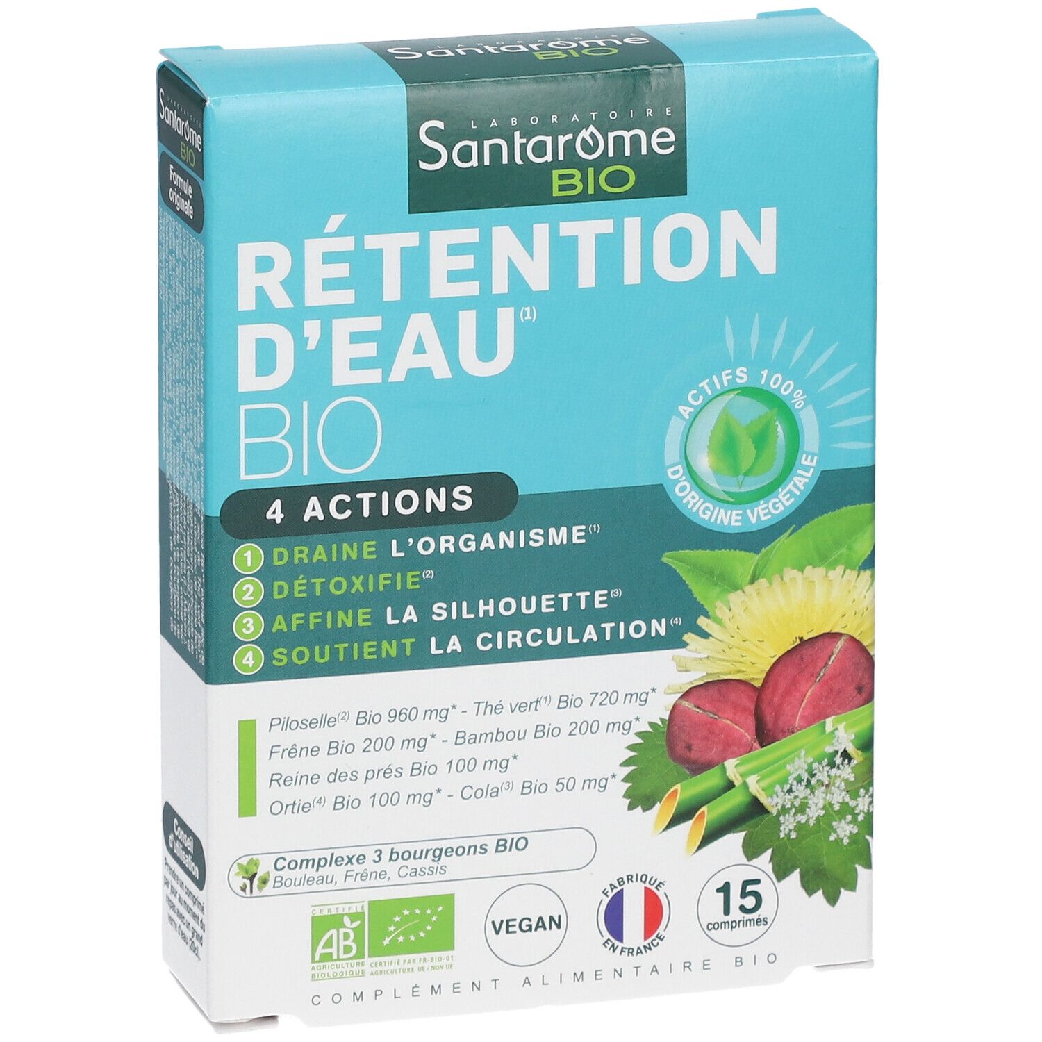 SANTAROME Bio-Schachtel. Aufschrift: RÉTENTION D'EAU BIO. 4 Aktionen. 15 Tabletten. AB-Siegel, Vegan-Logo, Hergestellt in Frankreich.