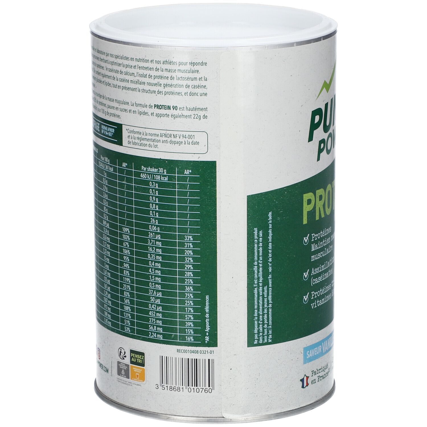 Dos de la boîte PUNCH POWER Protein 90. Contient informations nutritionnelles et ingrédients. Couvercle blanc, écriture verte et blanche.