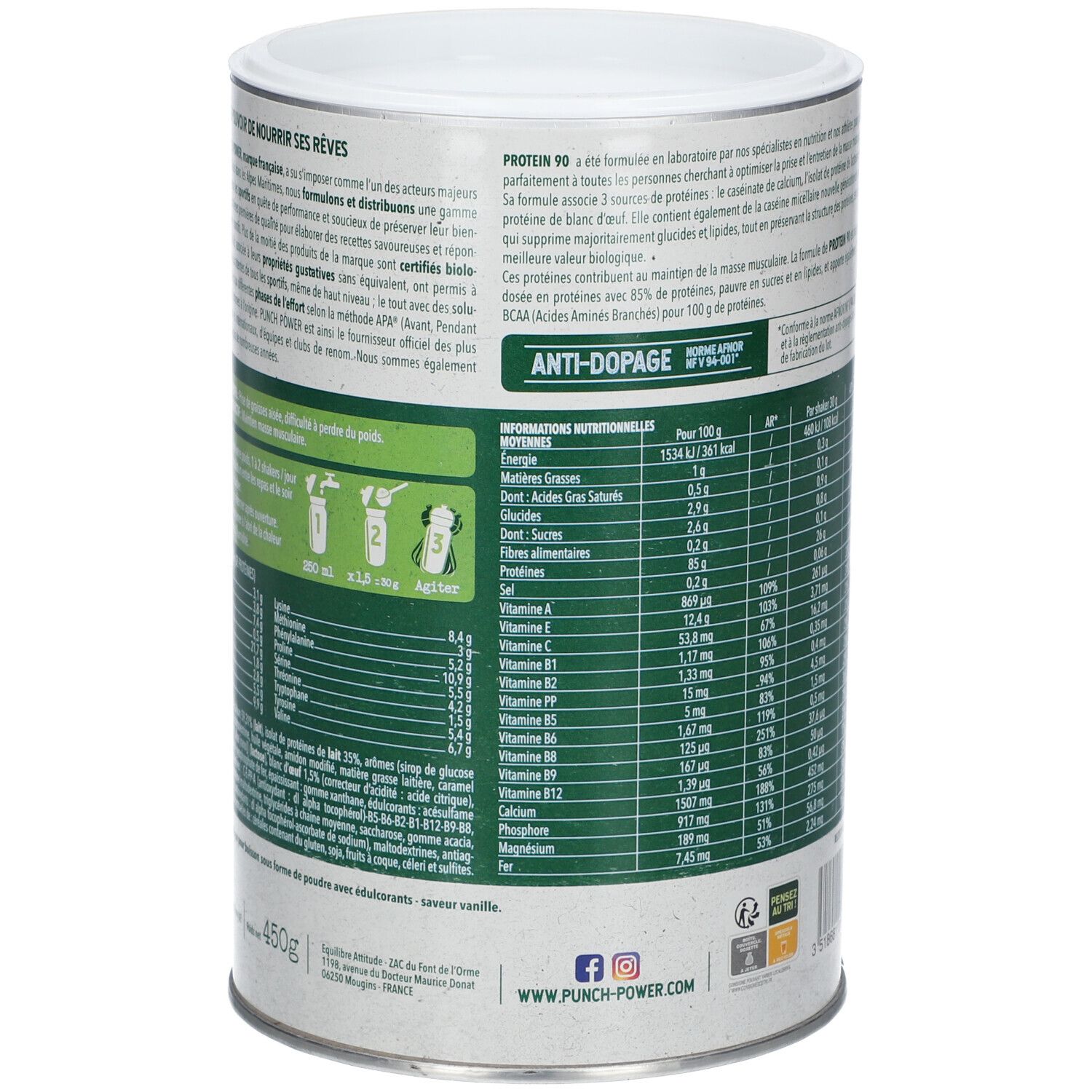 Dos de la boîte PUNCH POWER Protein 90. Contient informations d'utilisation et ingrédients. Couvercle blanc, écriture verte et blanche.