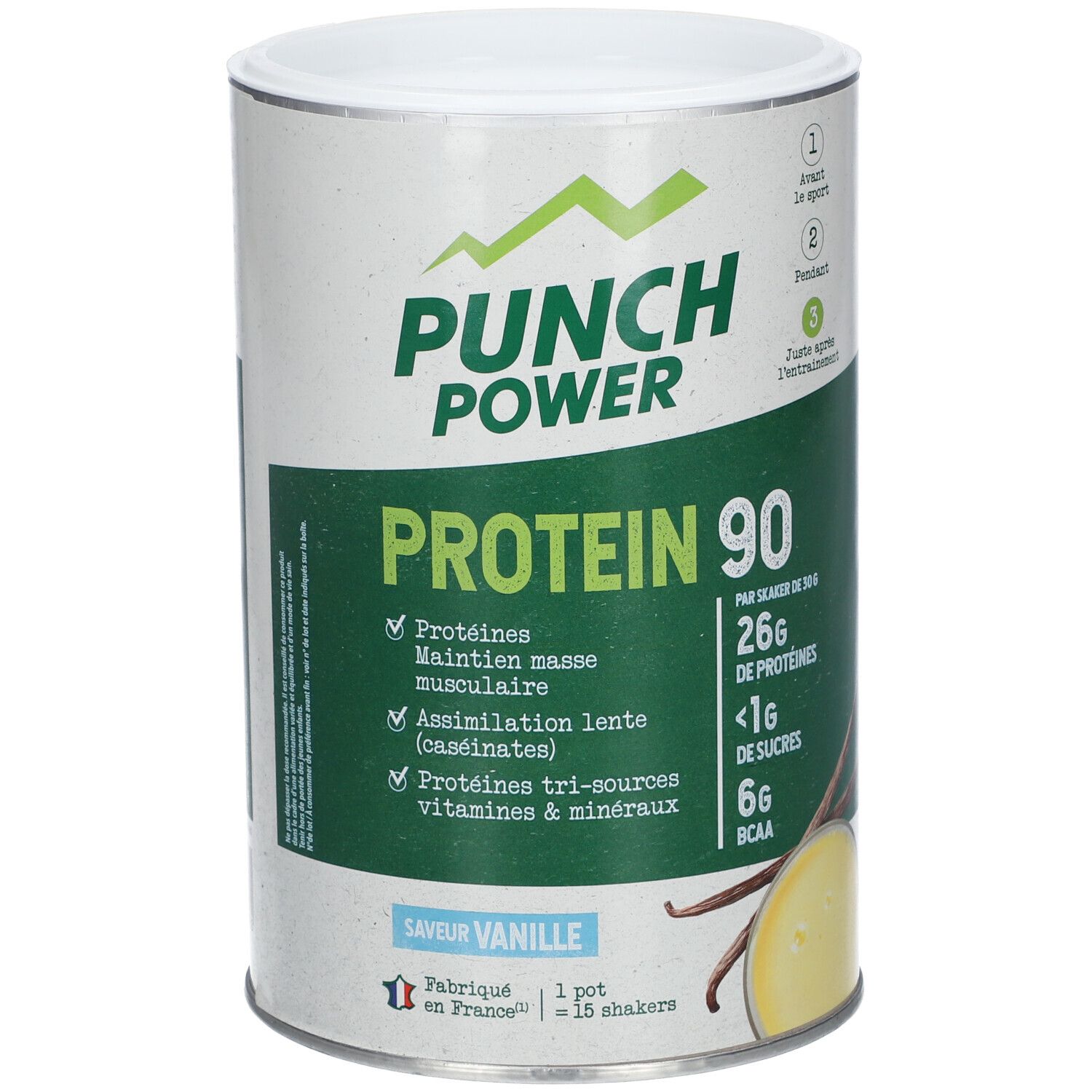 Boîte PUNCH POWER Protein 90, saveur vanille. Inscriptions vertes et blanches. Contient protéines, vitamines et minéraux. Couvercle blanc.