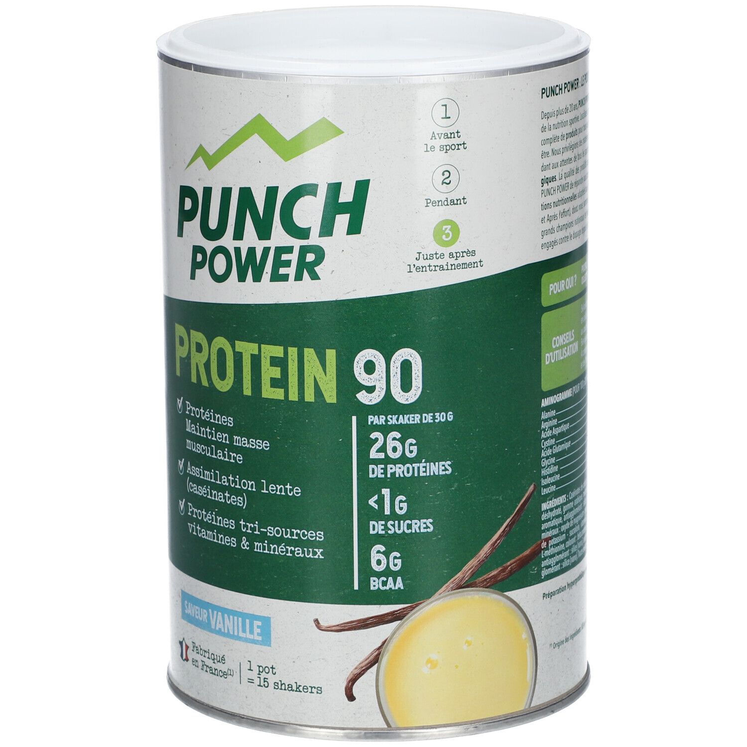 Boîte PUNCH POWER Protein 90, saveur vanille. Inscriptions vertes et blanches. Contient protéines, vitamines et minéraux. Couvercle blanc.