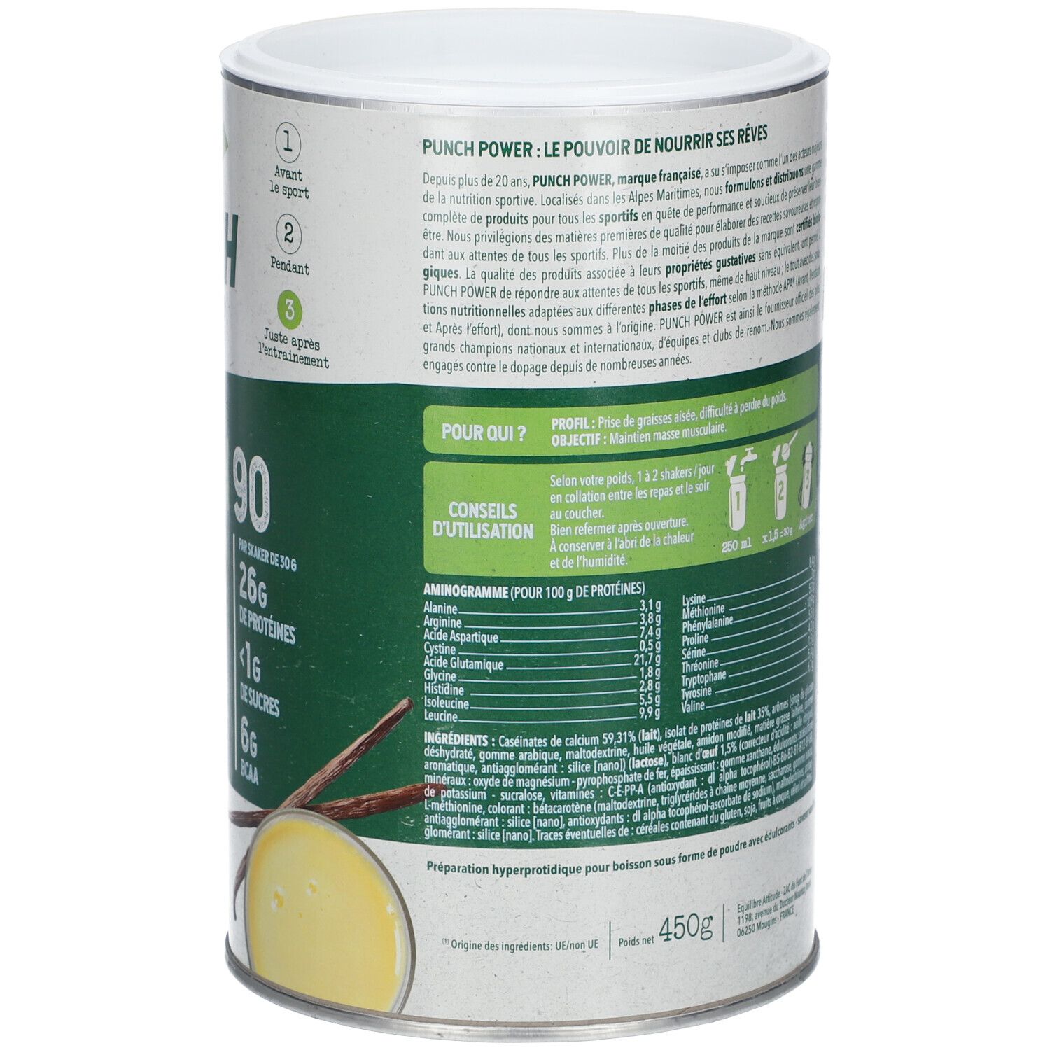 Dos de la boîte PUNCH POWER Protein 90. Contient informations d'utilisation et ingrédients. Couvercle blanc, écriture verte et blanche.