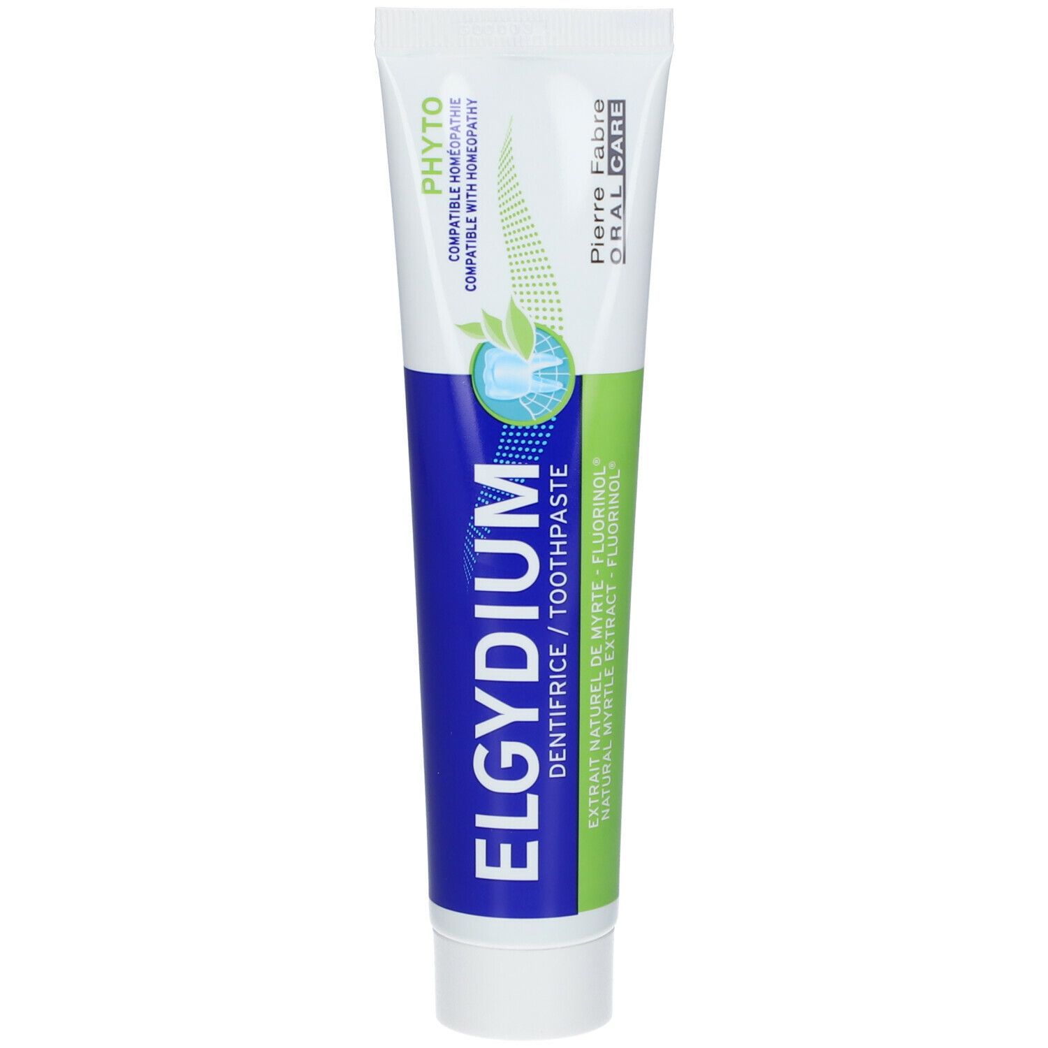 Tube de dentifrice ELGYDIUM PHYTO, blanc, bleu et vert. Inscriptions : PHYTO, ELGYDIUM, dentifrice, Pierre Fabre.