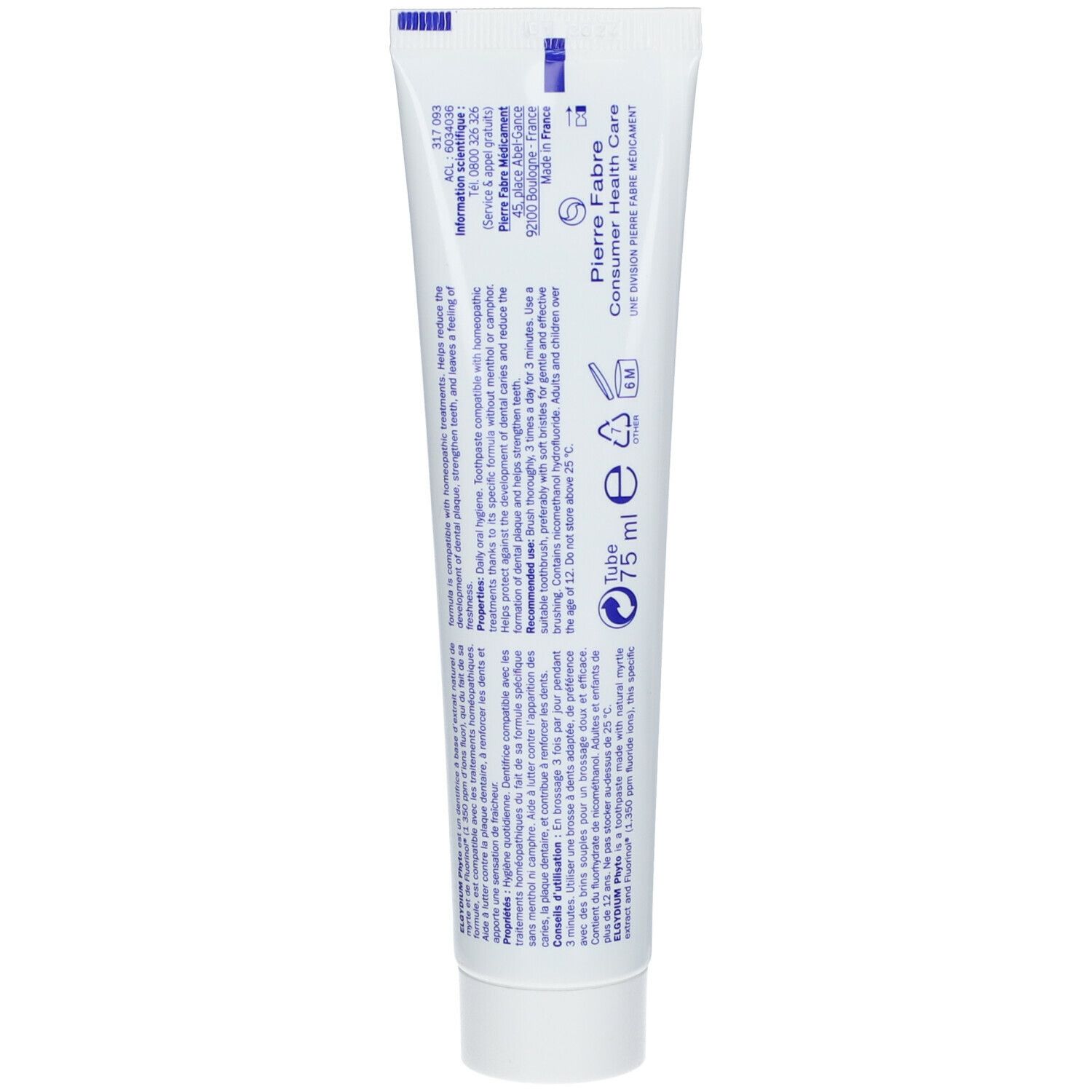 Dos du tube de dentifrice ELGYDIUM PHYTO. Texte multilingue. Volume : 75 ml.