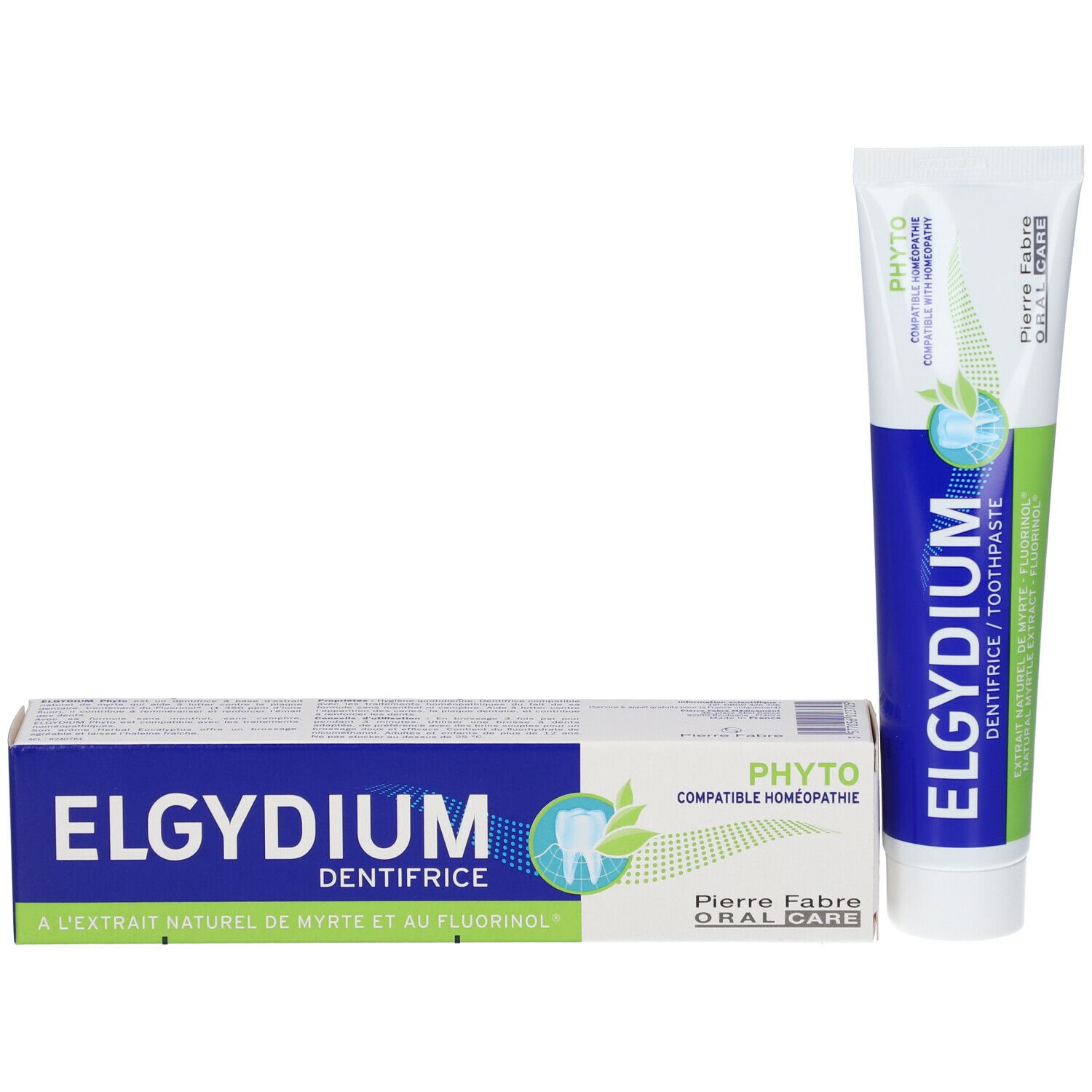 Tube et boîte de dentifrice ELGYDIUM PHYTO. Inscriptions : ELGYDIUM, PHYTO, dentifrice, Pierre Fabre.