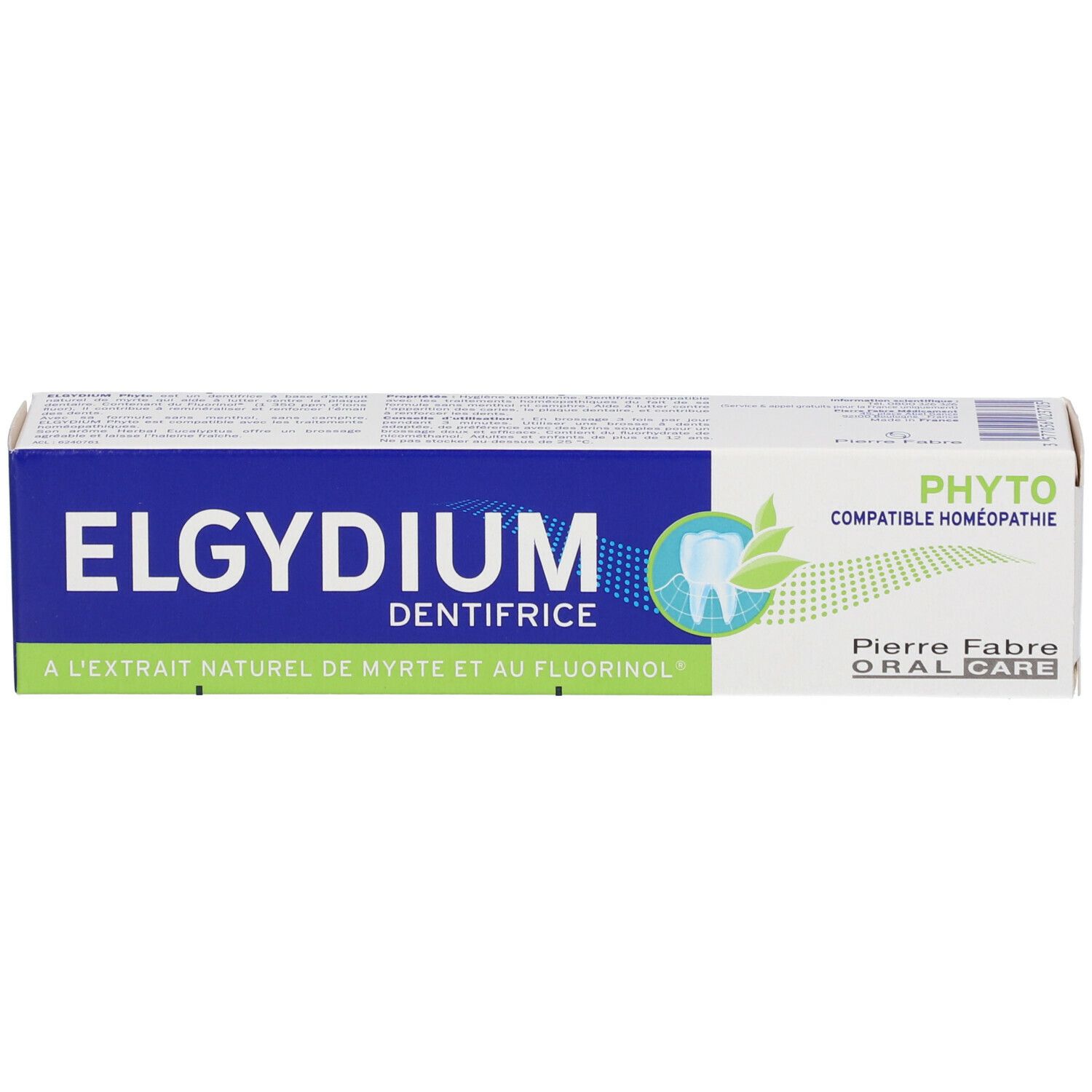 Boîte de dentifrice ELGYDIUM PHYTO. Inscriptions : ELGYDIUM, PHYTO, dentifrice, Pierre Fabre.