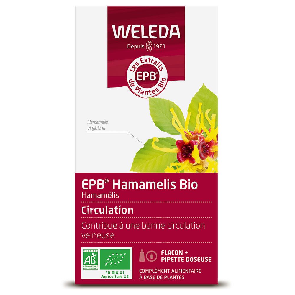Boîte avec étiquette produit. Logo WELEDA, logo EPB, Hamamélis Bio, Circulation. Label AB-Bio. Flacon avec pipette.