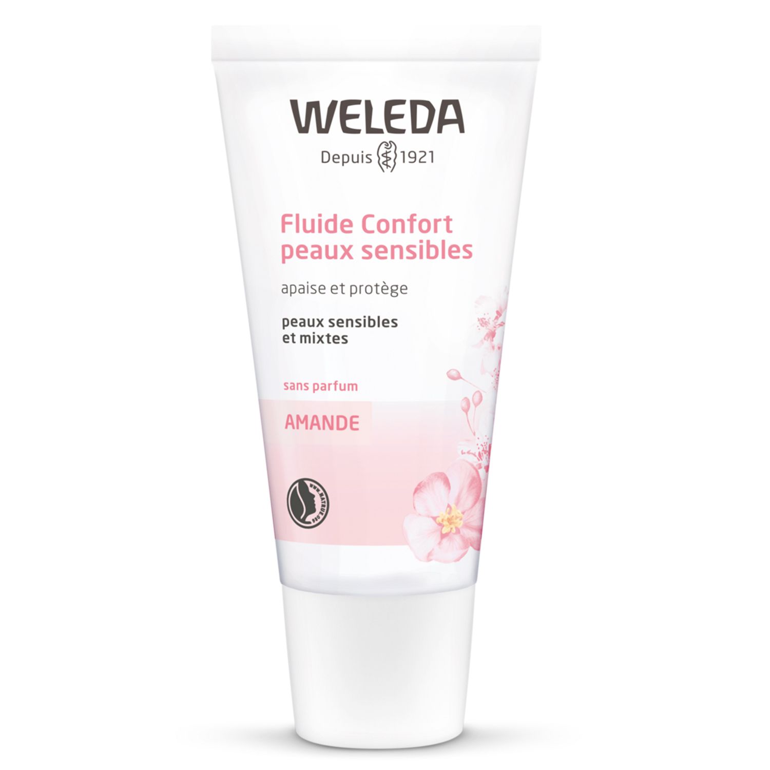 Tube Weleda. Blanc, avec informations et logo. Accents roses et fleurs. Bouchon à vis.