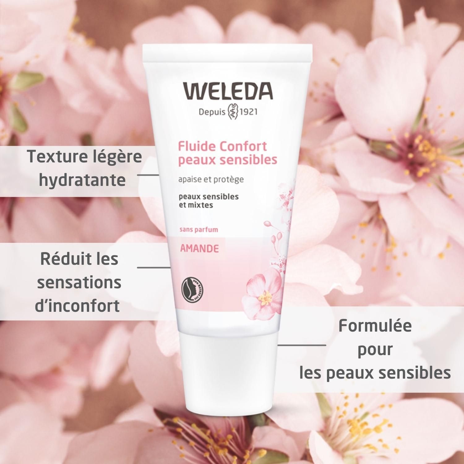 Tube Weleda devant fleurs. Informations produit, accents roses. Texte: Texture légère hydratante.