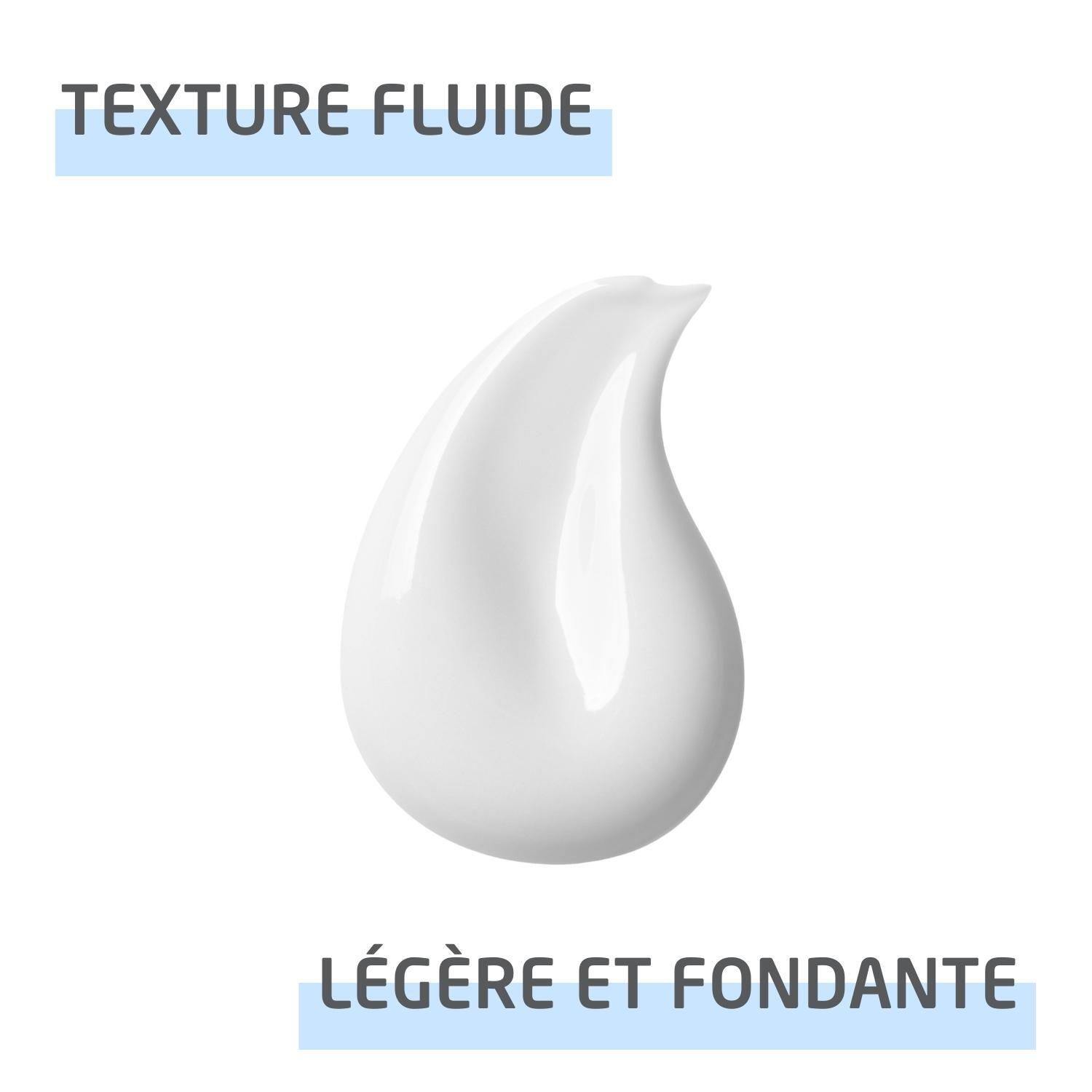 Goutte de crème blanche. Texte: Texture fluide, légère et fondante.