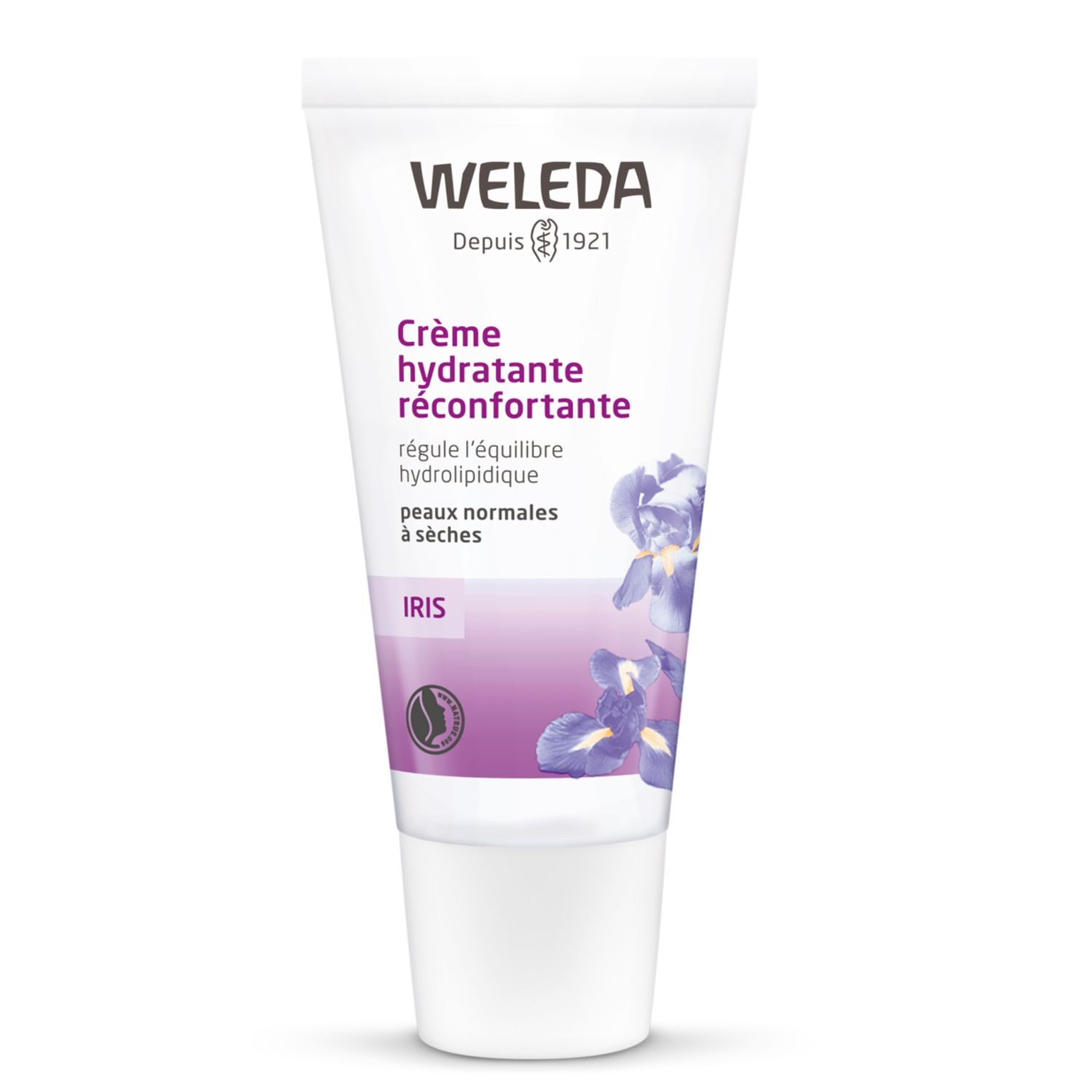 Weleda Creme, Tube. Text: Crème hydratante réconfortante, peaux normales à sèches. Iris-Blume.