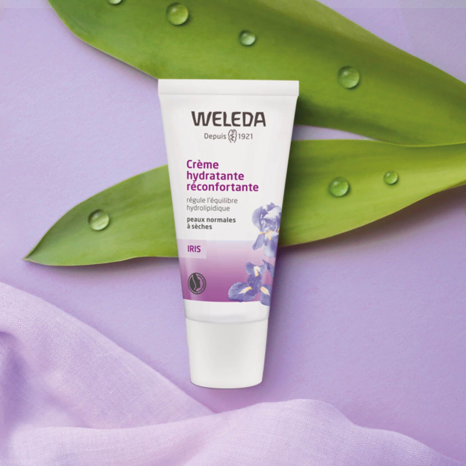 Weleda Creme Tube. Text: Crème hydratante réconfortante, peaux normales à sèches. Iris-Blume.