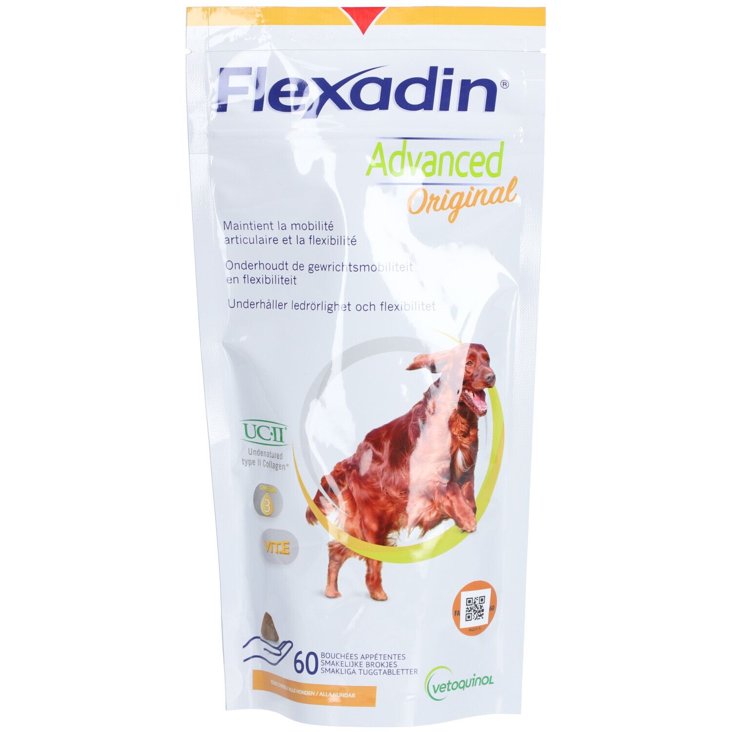 Flexadin Advanced Original Chien. Sachet avec chien. Texte: "Maintient la mobilité articulaire et la flexibilité". 60 comprimés.