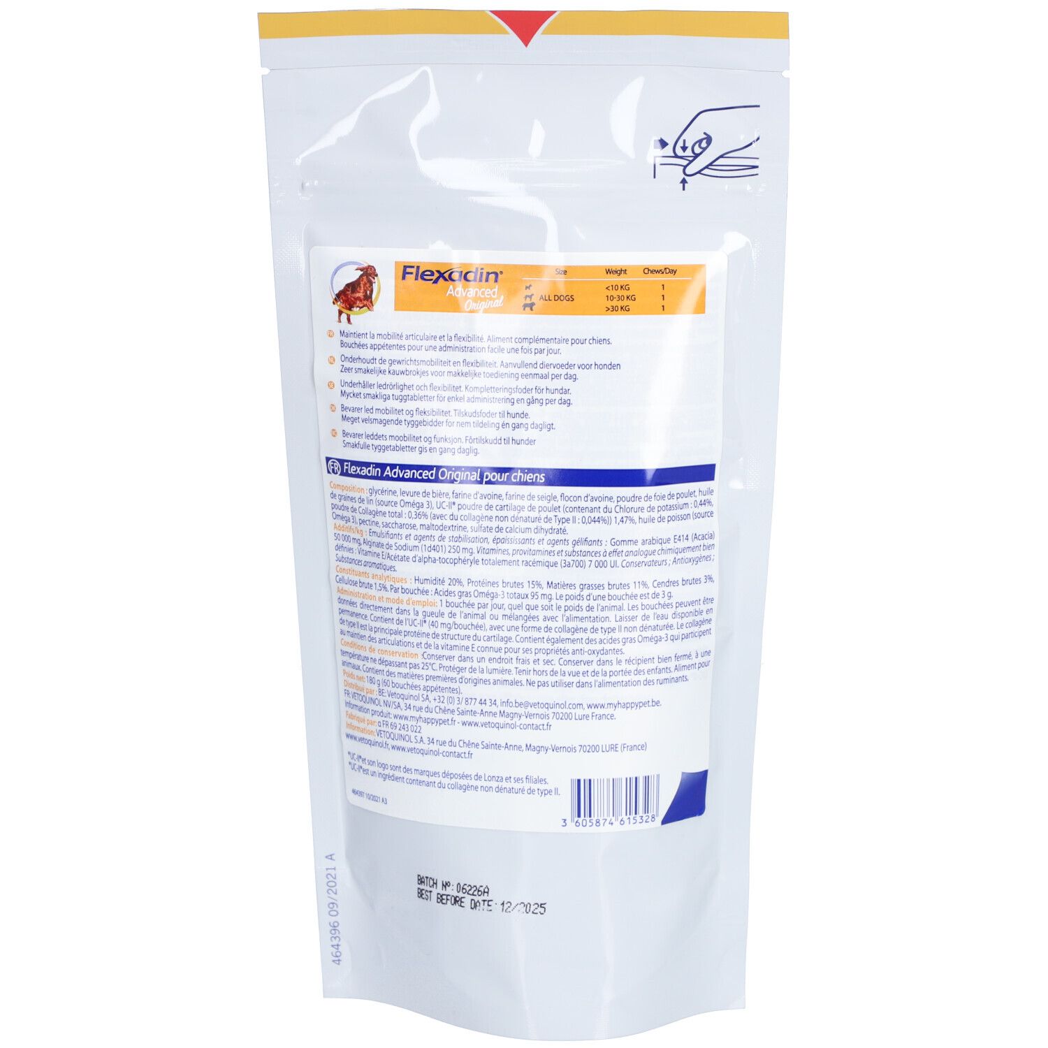 Flexadin Advanced Original Chien. Verso de l'emballage avec texte. Contient des informations sur les ingrédients et le dosage.