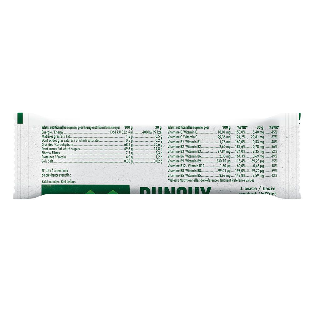 Rückseite der Punchybar-Verpackung. Enthält Nährwertangaben und Zutatenliste. Text in französischer Sprache.