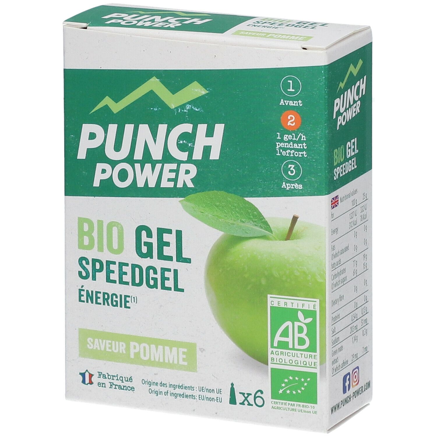 Boîte "PUNCH POWER Bio Gel Speedgel Pomme". Vert et blanc, illustration de pomme, label AB. Contient 6 gels.