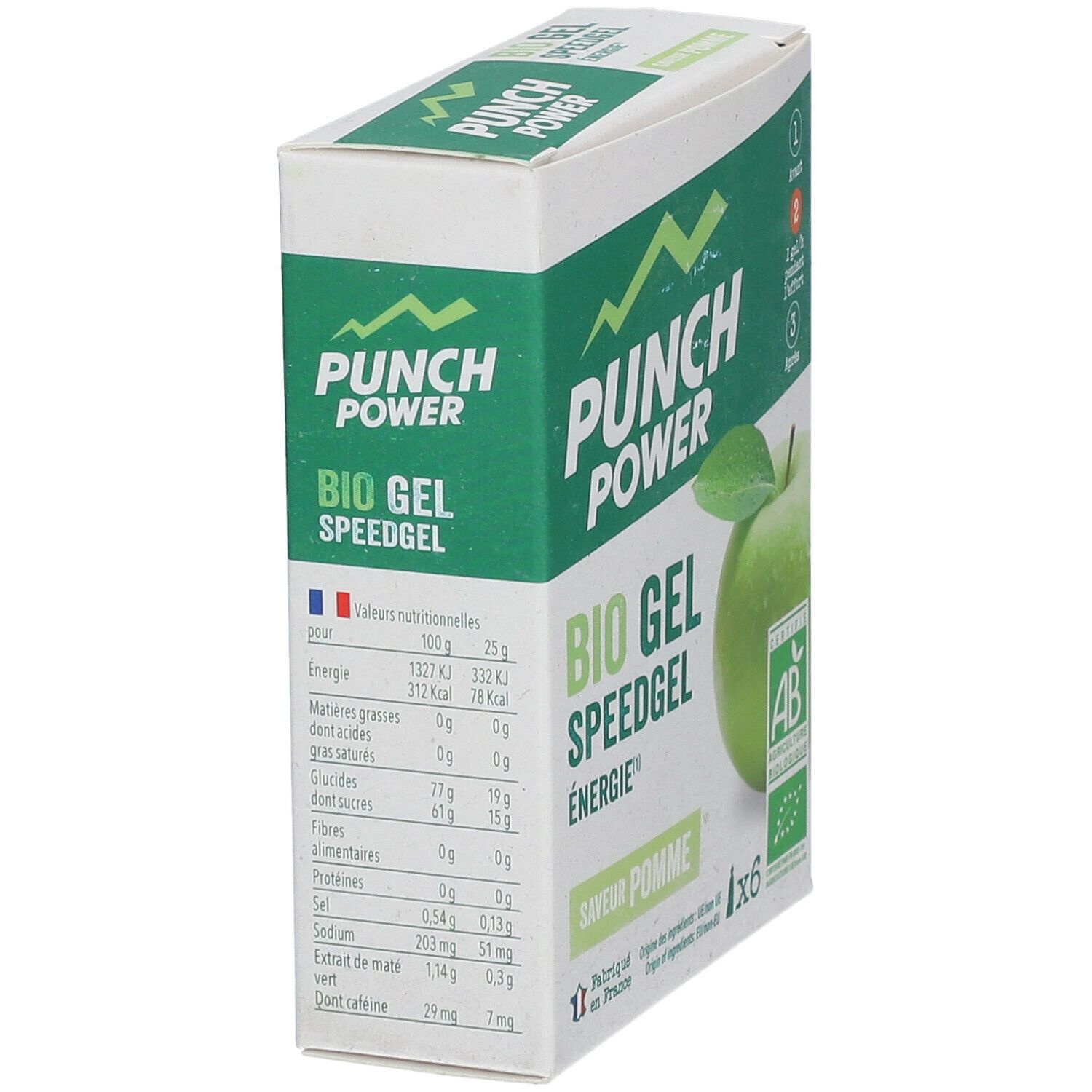 Boîte "PUNCH POWER Bio Gel Speedgel". Vue latérale avec informations nutritionnelles, pomme et label AB.