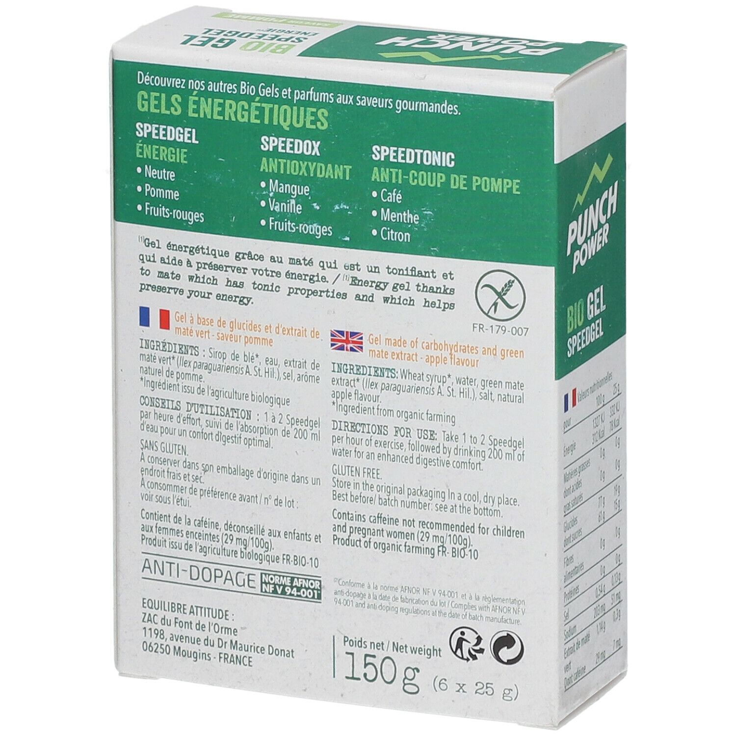 Dos de la boîte "PUNCH POWER Bio Gel Speedgel". Texte sur ingrédients, utilisation et certification anti-dopage.