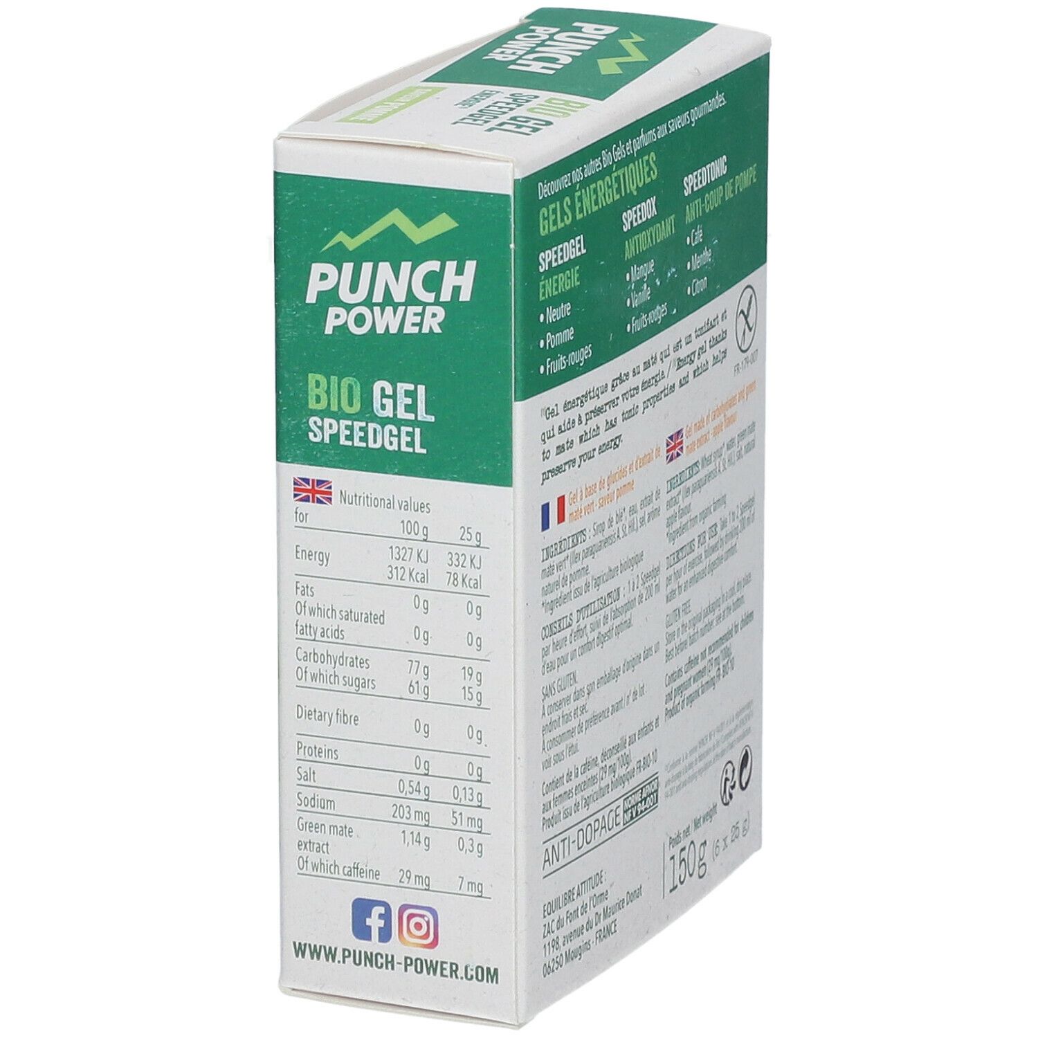 Boîte "PUNCH POWER Bio Gel Speedgel". Vue latérale avec informations nutritionnelles, texte et logo.