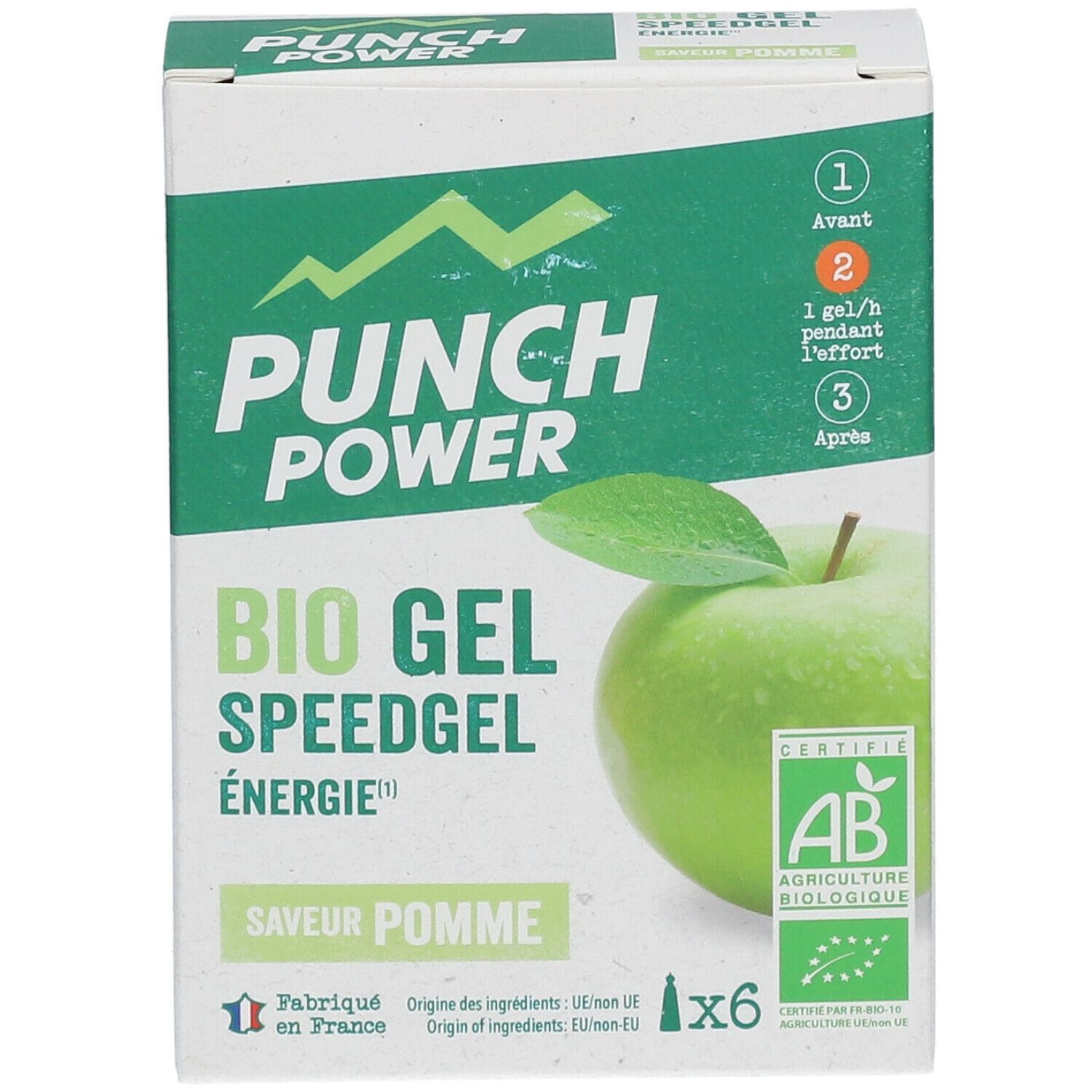 Boîte "PUNCH POWER Bio Gel Speedgel Pomme". Vert et blanc, illustration de pomme, label AB. 6 gels.