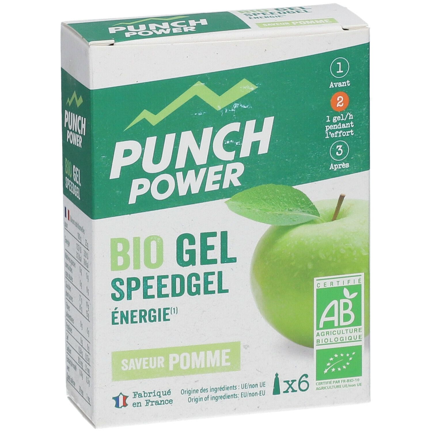 Boîte "PUNCH POWER Bio Gel Speedgel Pomme". Vert et blanc, illustration de pomme, label AB. 6 gels.