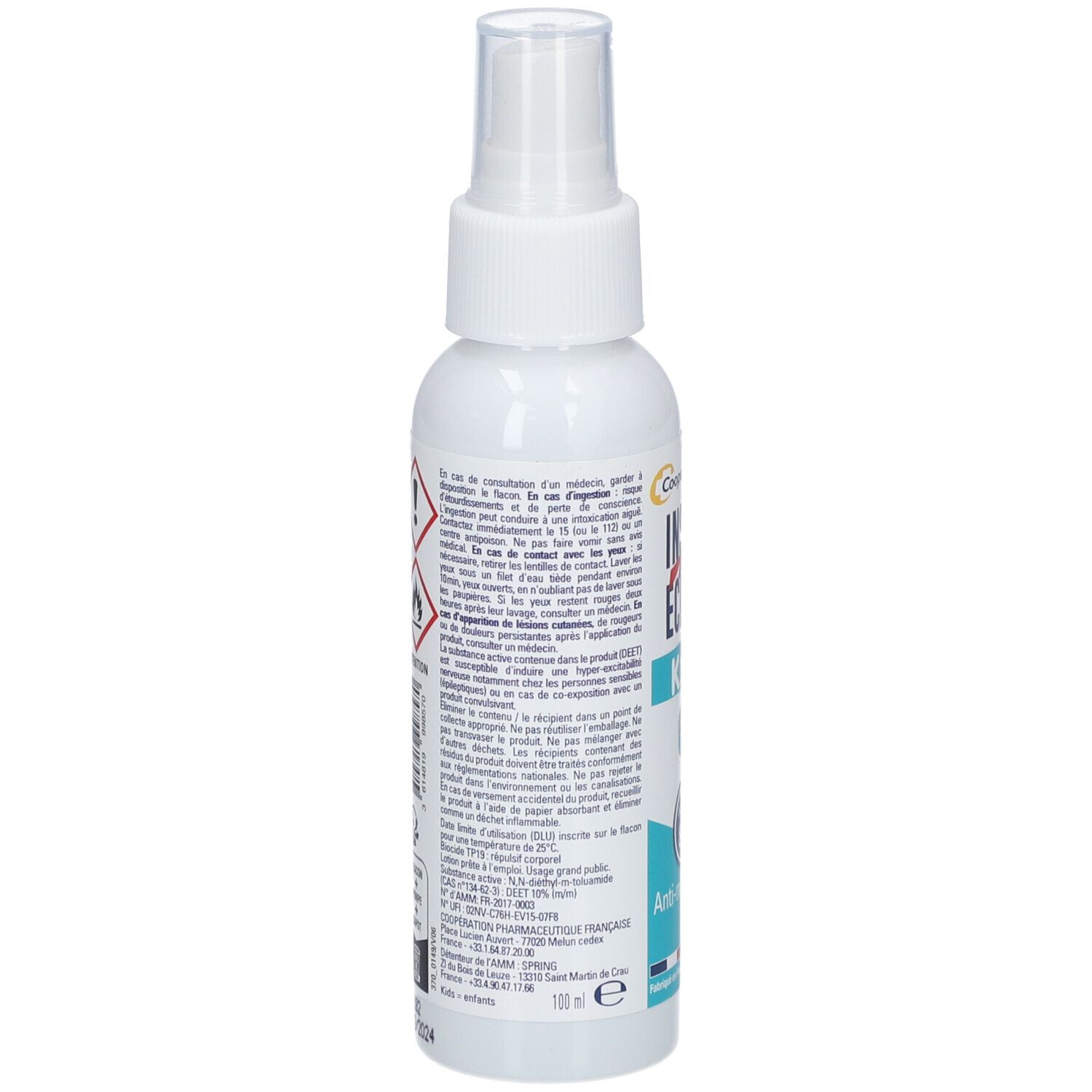 Spray blanc avec tête de pulvérisation. Dos avec texte et pictogrammes. Contient 100 ml. Fabriqué en France.