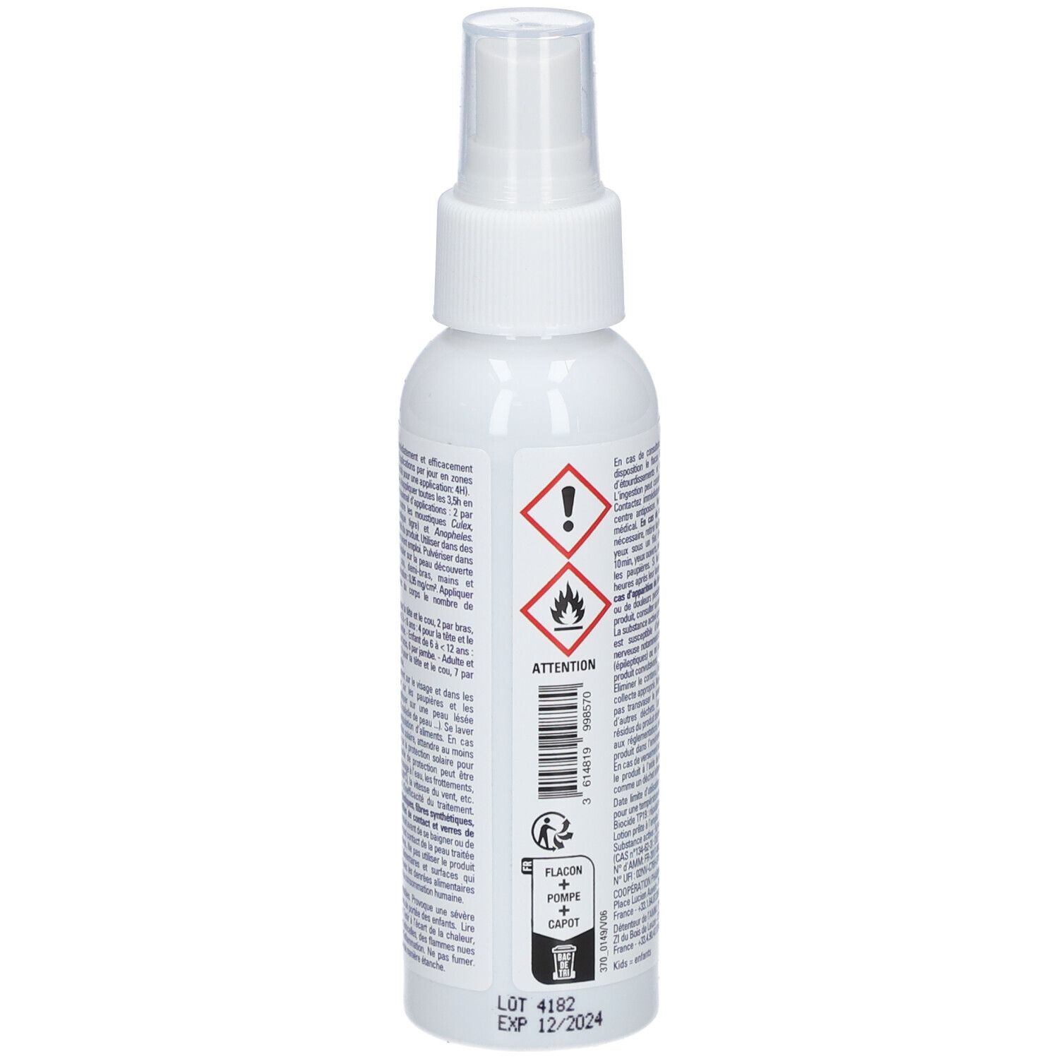 Spray blanc avec tête de pulvérisation. Dos avec texte, pictogrammes et numéro de lot. Expiration 12/2024.