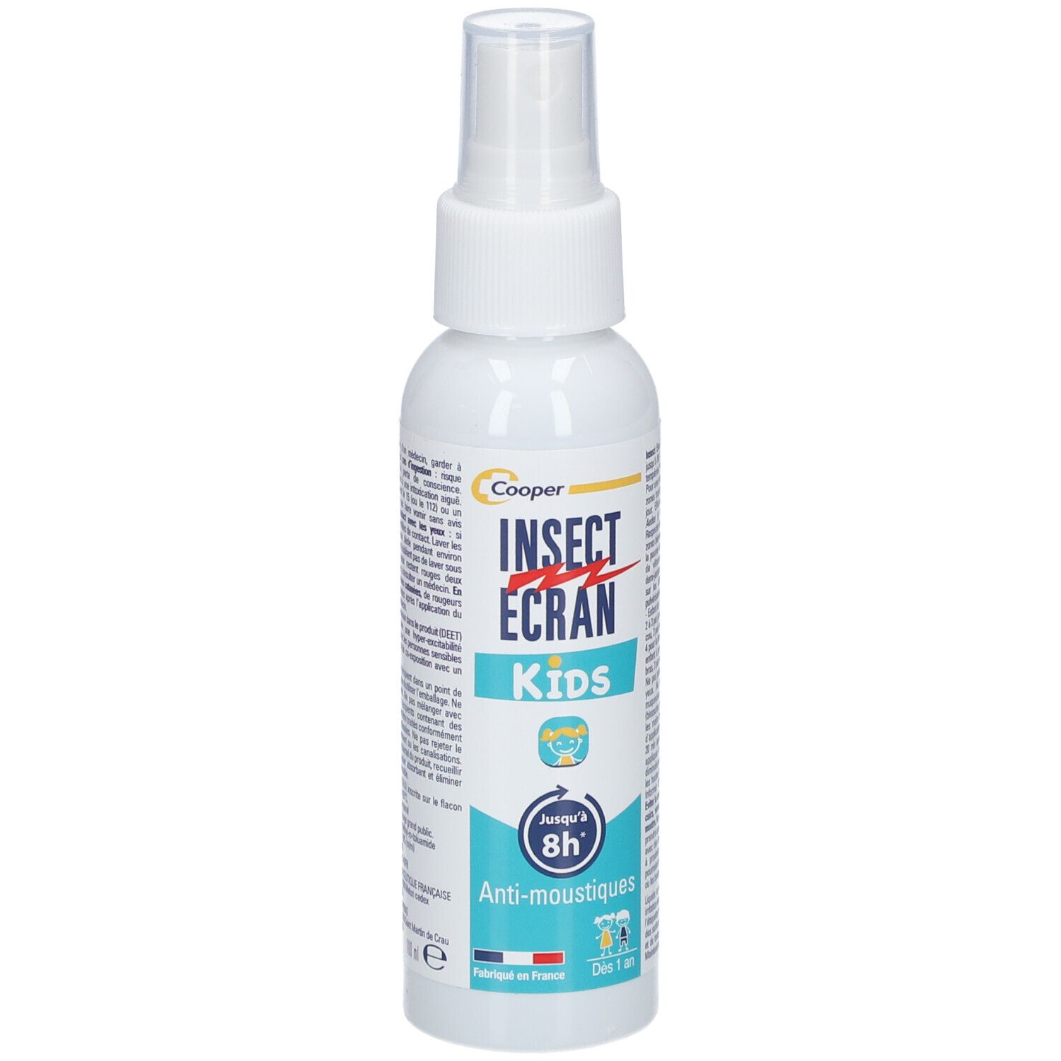 Spray blanc avec tête de pulvérisation. Inscription: INSECT ECRAN Kids, Anti-moustiques. Protection jusqu'à 8 heures. Fabriqué en France.
