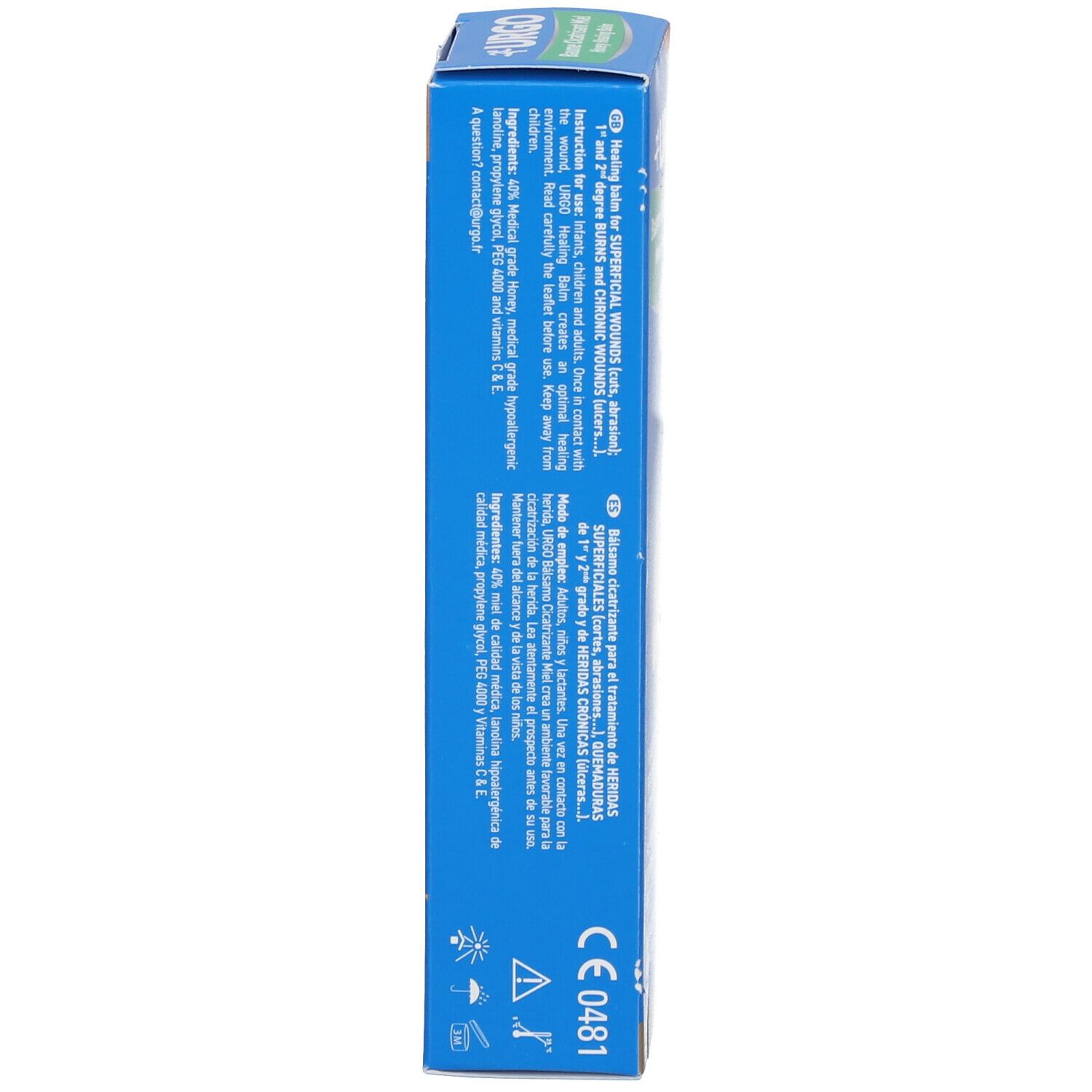 Côté de l'emballage du produit. Contient des informations sur les ingrédients et l'utilisation. Marquage CE.