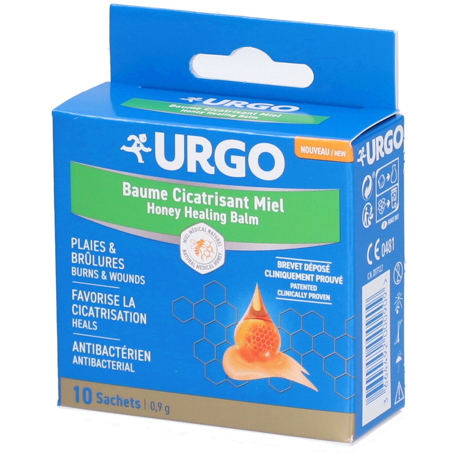 Blaue Urgo-Verpackung mit Honig-Wundheilungsbalsam. Enthält 10 Sachets. Text: Baume Cicatrisant Miel, Antibakteriell, CE-Zeichen.