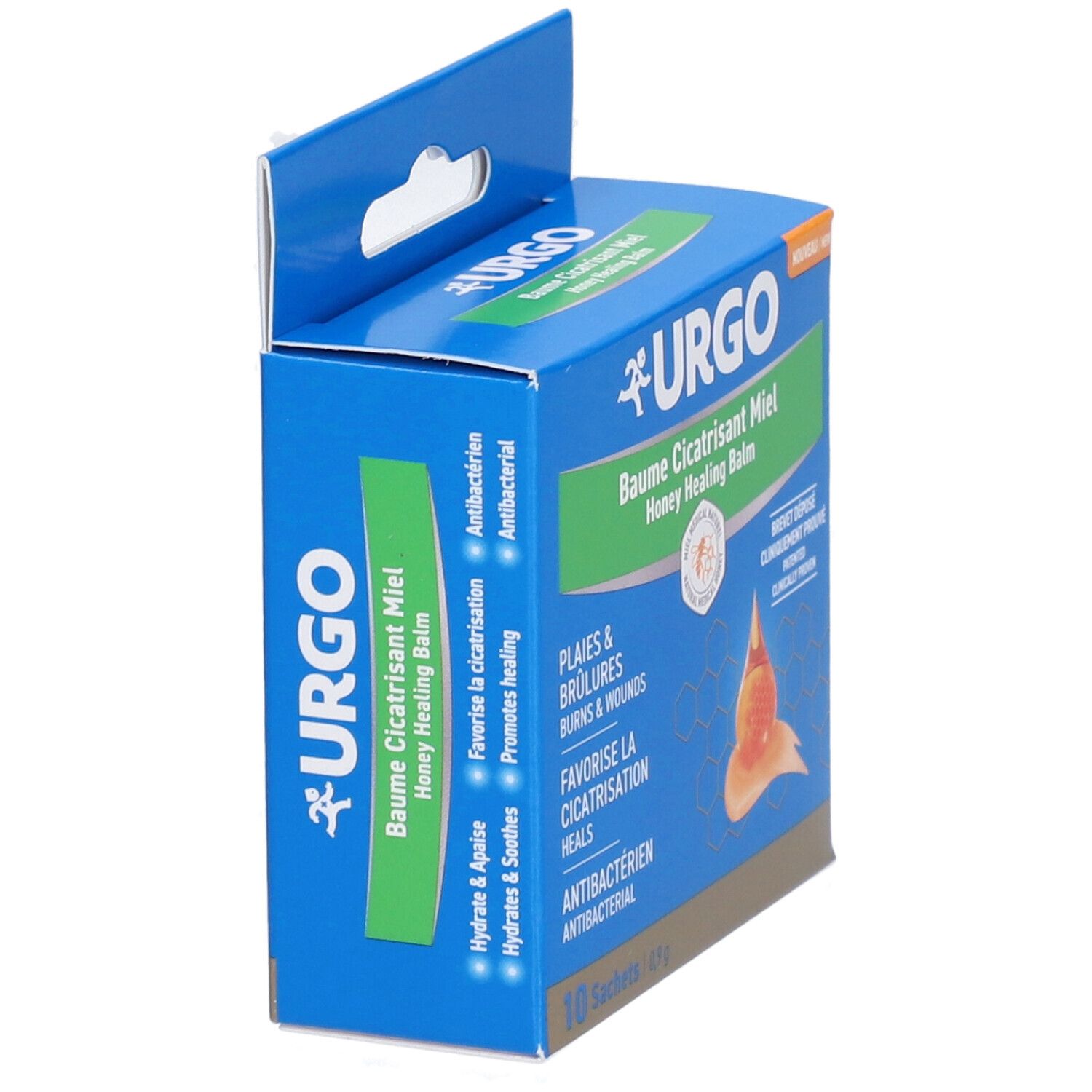 Blaue Urgo-Verpackung, schräg. Text: Baume Cicatrisant Miel, 10 Sachets, Antibakteriell. Honig-Illustration. CE-Zeichen.