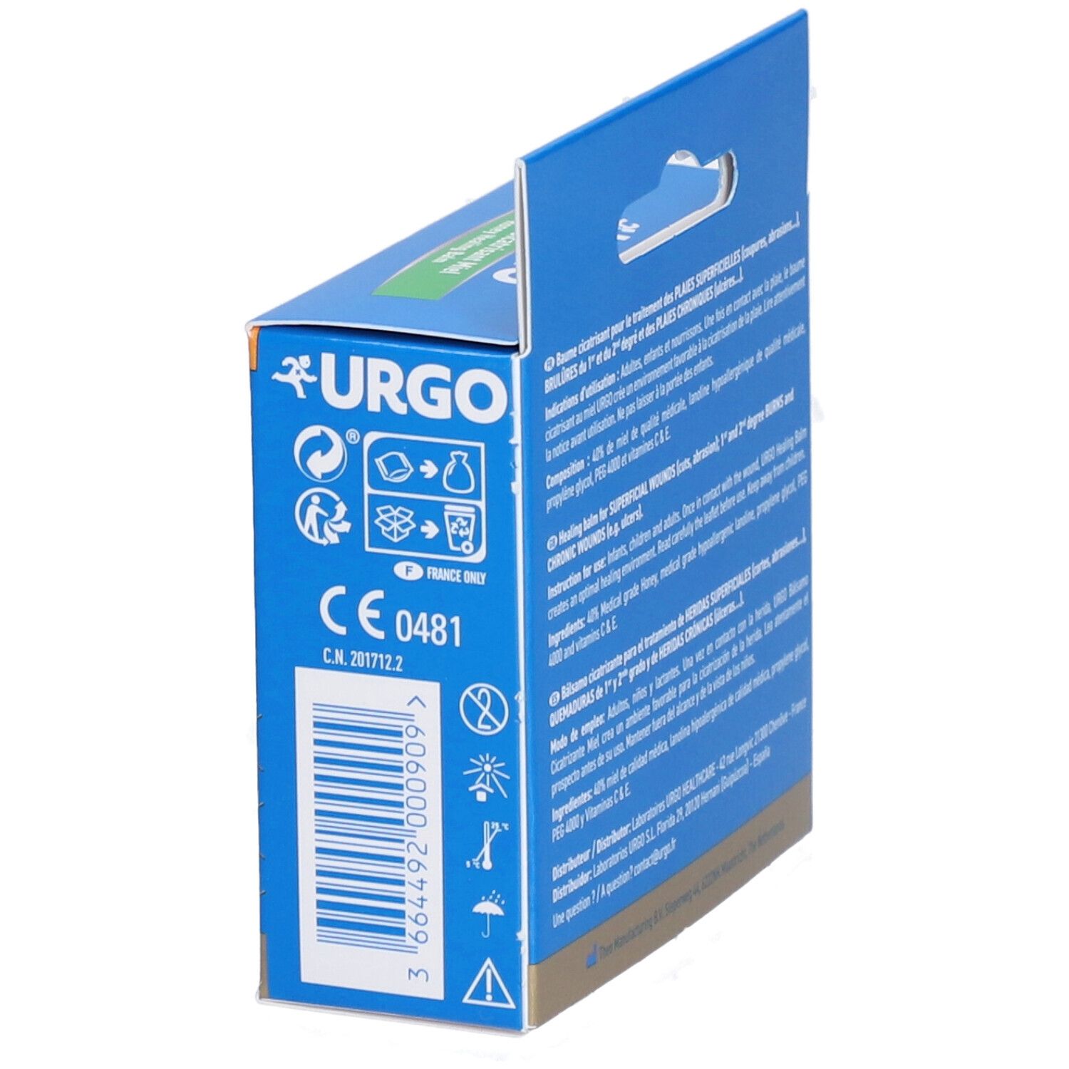 Seitenansicht der Urgo-Verpackung. Text: Baume Cicatrisant Miel, CE-Zeichen, Chargennummer, Warnhinweise.