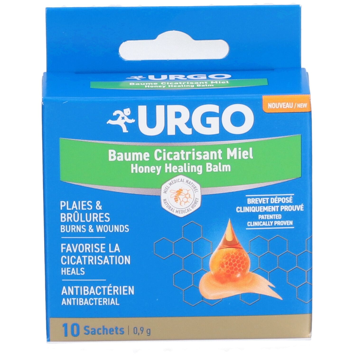 Blaue Urgo-Verpackung mit Honig-Wundheilungsbalsam. Enthält 10 Sachets. Text: Baume Cicatrisant Miel, Antibakteriell, CE-Zeichen.