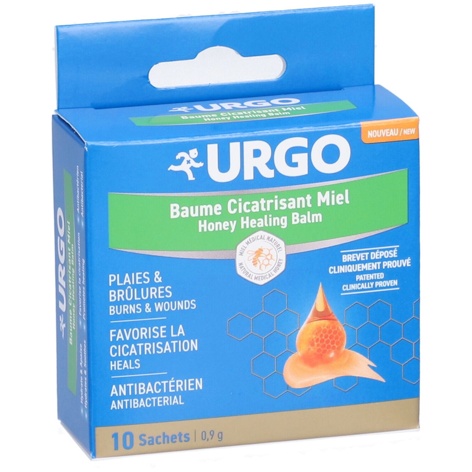 Blaue Urgo-Verpackung mit Honig-Wundheilungsbalsam. Enthält 10 Sachets. Text: Baume Cicatrisant Miel, Antibakteriell, CE-Zeichen.
