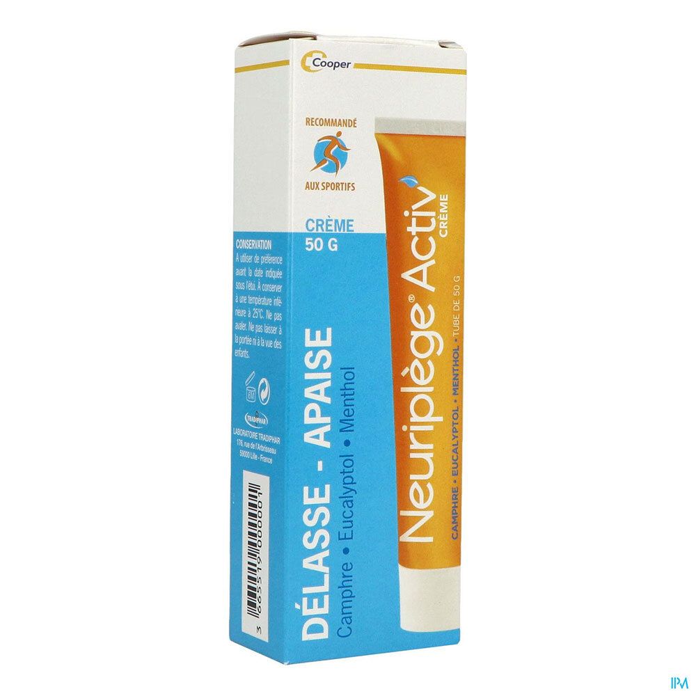 Tube orange et boîte bleue. Inscription: Neuriplège Activ' Crème, 50 g. Contient camphre, eucalyptus, menthol.