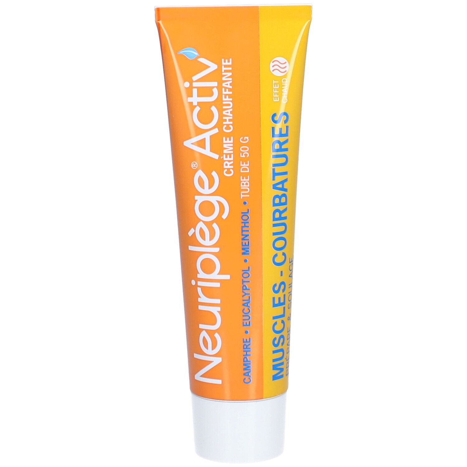 Tube orange avec bouchon blanc. Inscription: Neuriplège Activ' Crème, 50 g, Muscles-Courbatures.