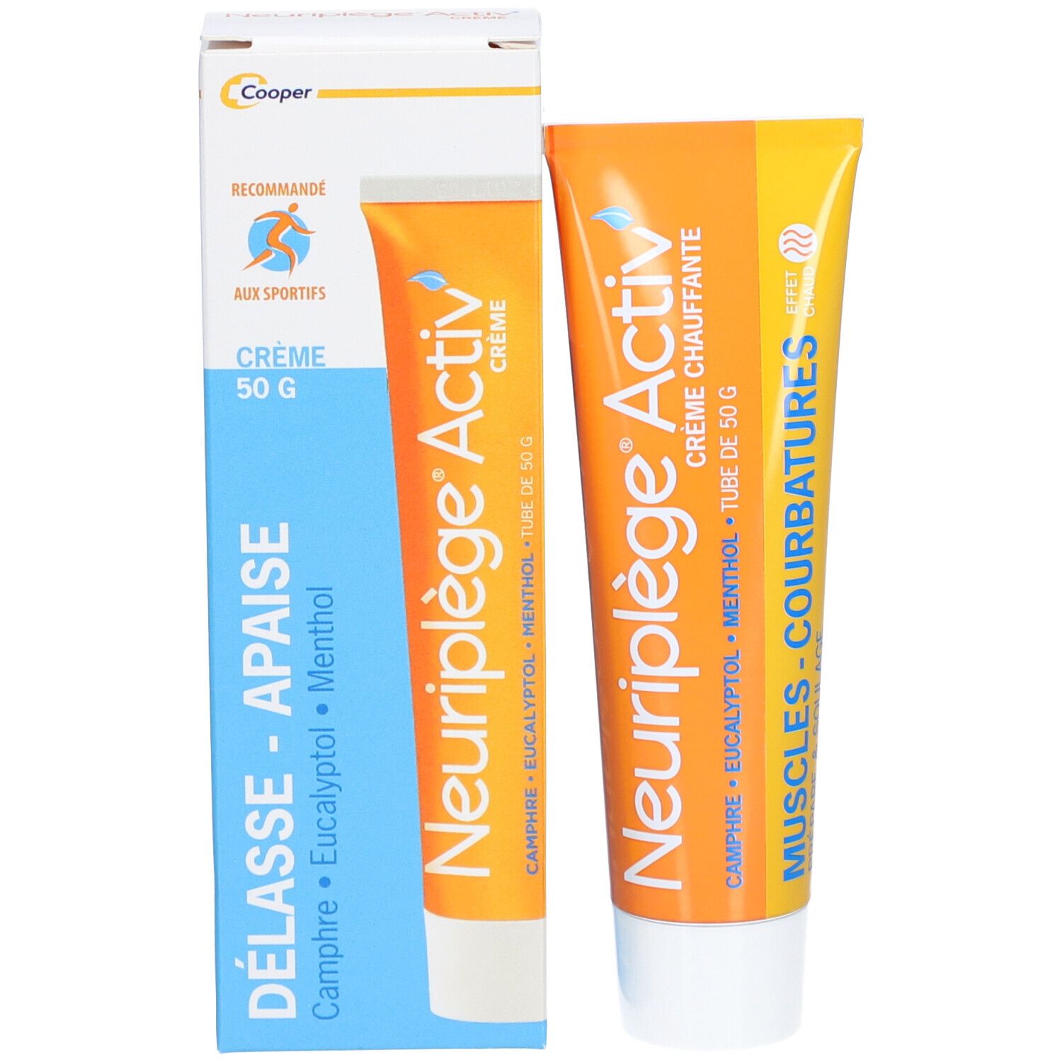 Emballage avec tube. Inscription: Neuriplège Activ' Crème, 50 g, Camphre, Eucalyptus, Menthol.
