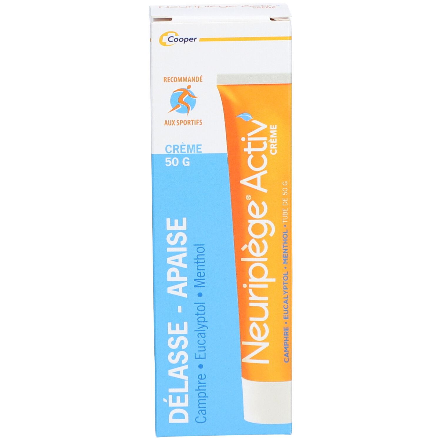 Emballage bleu avec texte blanc. Inscription: Neuriplège Activ' Crème, 50 g, Camphre, Eucalyptus, Menthol.