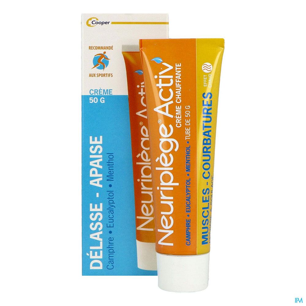 Deux tubes Neuriplège Activ' Crème et un emballage. Inscription: 50 g, Camphre, Eucalyptus, Menthol.
