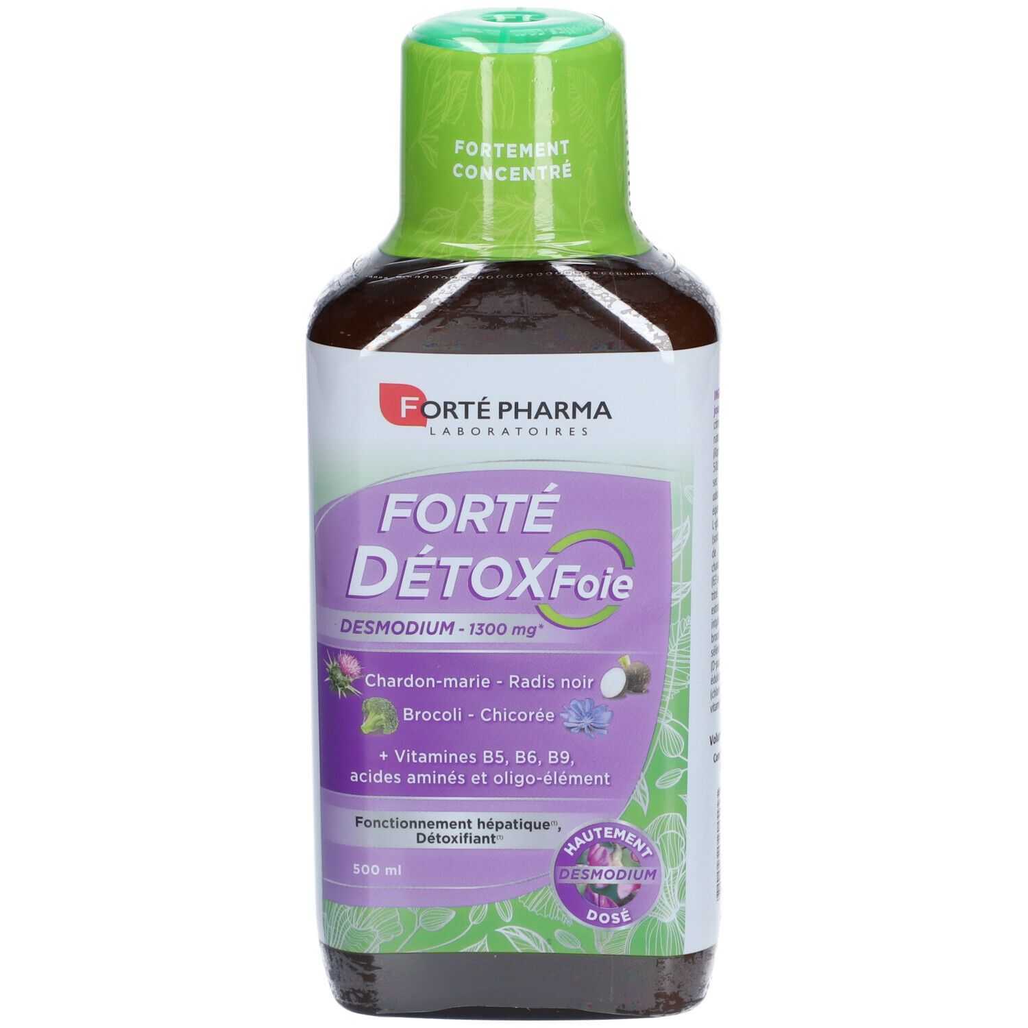 Bouteille marron avec bouchon vert. Inscription: FORTÉ DÉTOX Foie. Contient du Desmodium, chardon-marie, brocoli, chicorée.