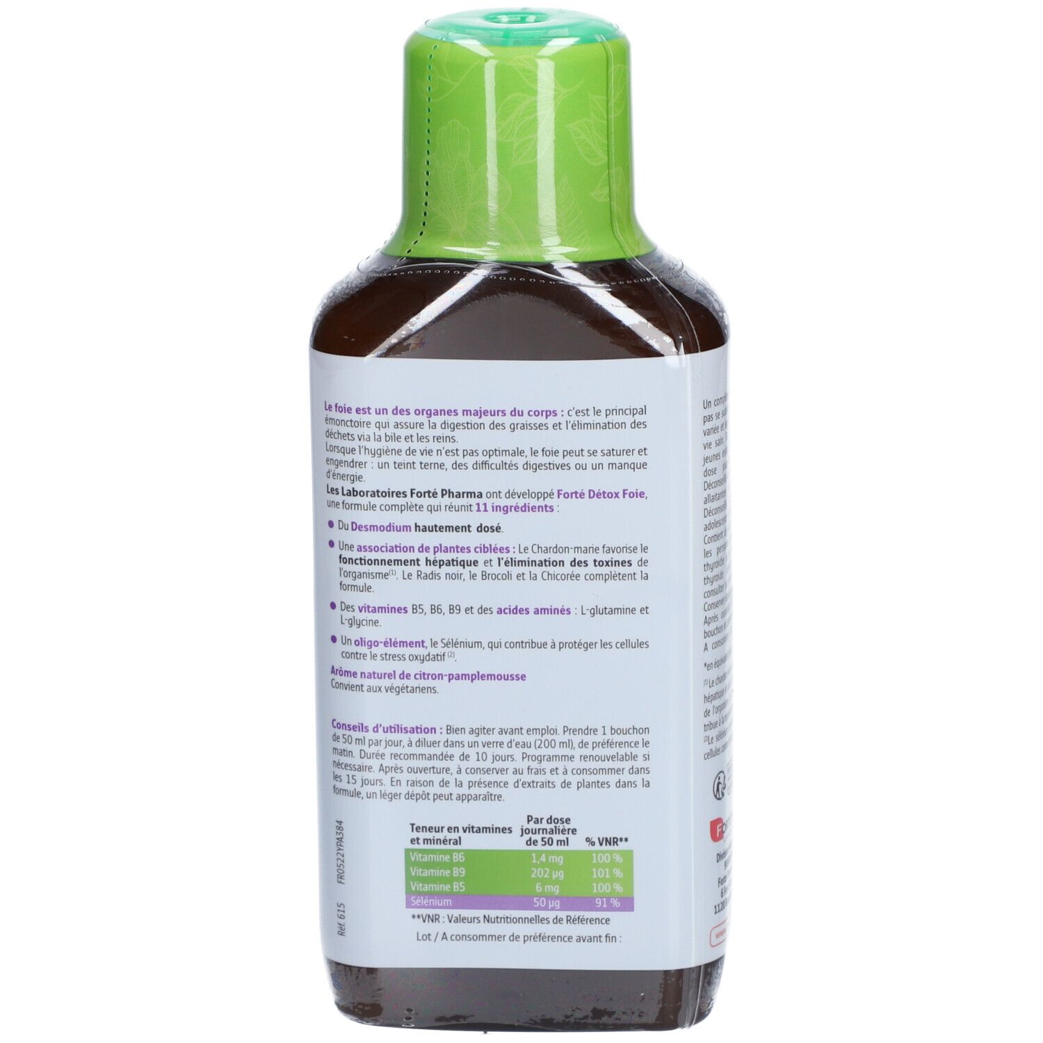 Dos de la bouteille. Texte: Informations sur les ingrédients, les valeurs nutritionnelles et les recommandations d'utilisation.