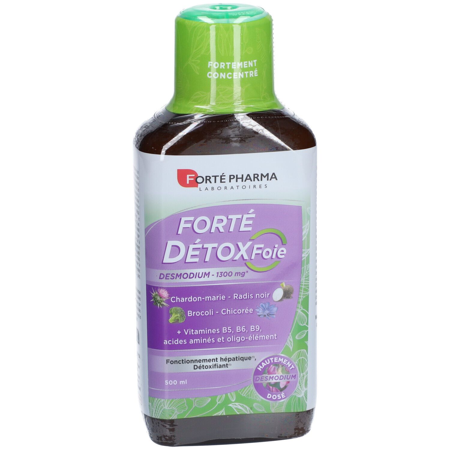 Bouteille marron avec bouchon vert. Inscription: FORTÉ DÉTOX Foie. Contient du Desmodium, chardon-marie, brocoli, chicorée.