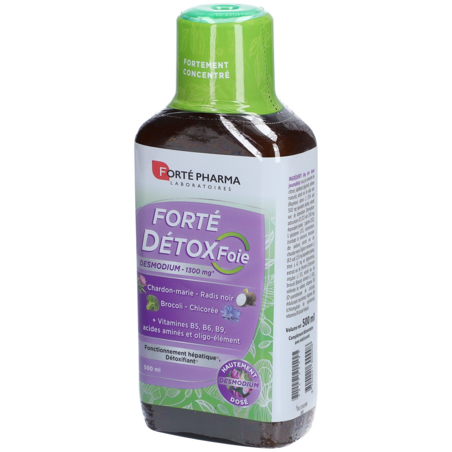 Bouteille marron avec bouchon vert. Inscription: FORTÉ DÉTOX Foie. Contient du Desmodium, chardon-marie, brocoli, chicorée.