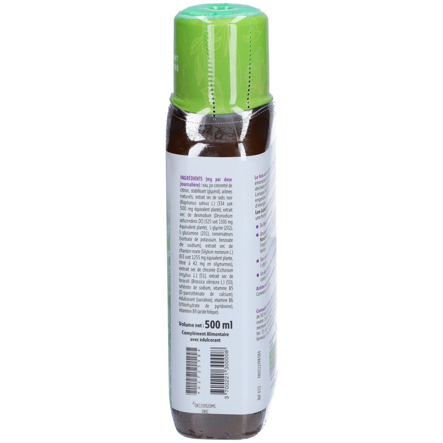 Dos de la bouteille. Texte: Ingrédients, informations nutritionnelles, volume 500 ml.