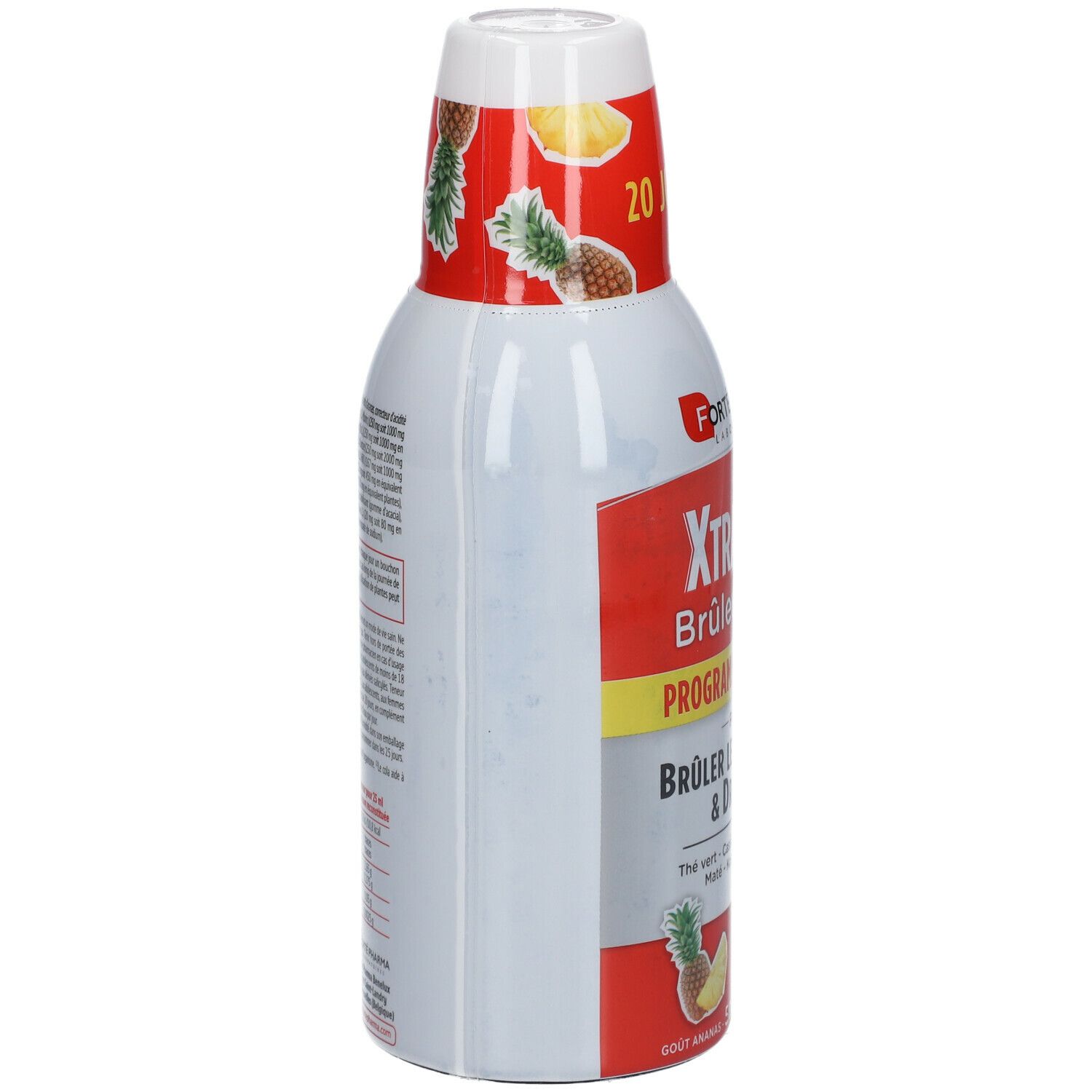 Bouteille Forté Pharma XTRASLIM BRÛLEUR MAX, vue latérale. Étiquette rouge avec texte. Décoration ananas et citron sur le col.