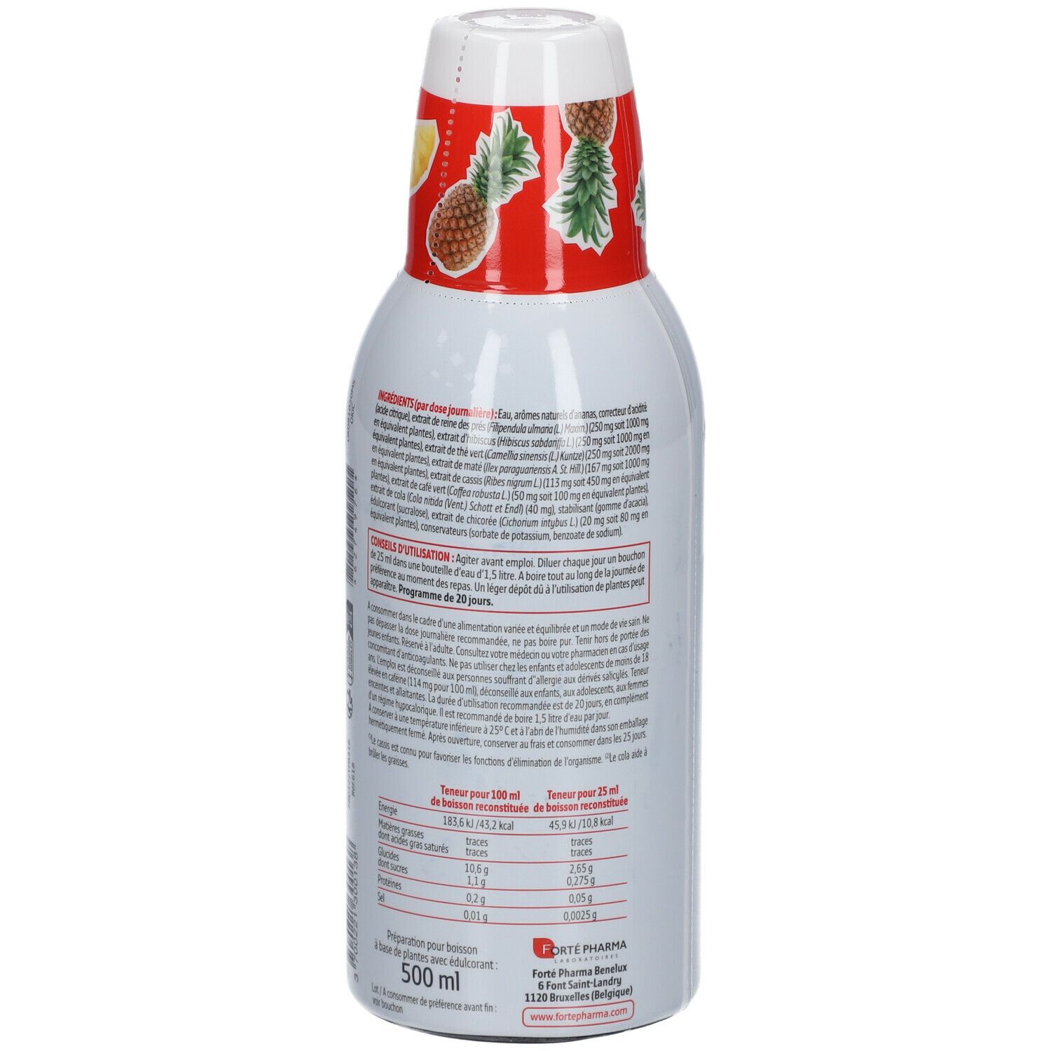 Bouteille Forté Pharma XTRASLIM BRÛLEUR MAX, vue arrière. Contient des informations sur les ingrédients et la valeur nutritionnelle. 500 ml.