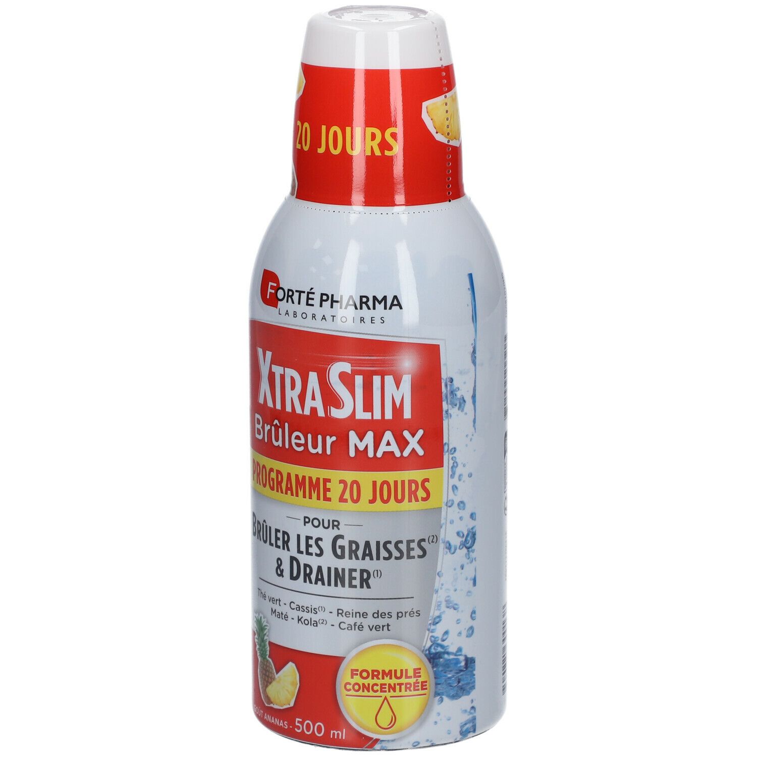 Bouteille Forté Pharma XTRASLIM BRÛLEUR MAX. Étiquette rouge avec texte. Contient 500 ml. Goût ananas. Programme 20 jours.