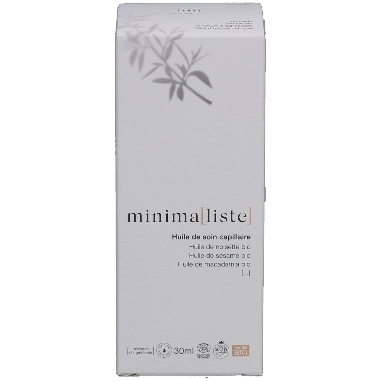 Emballage du produit avec nom et certifications. Indication de volume 30ml. Fond blanc.